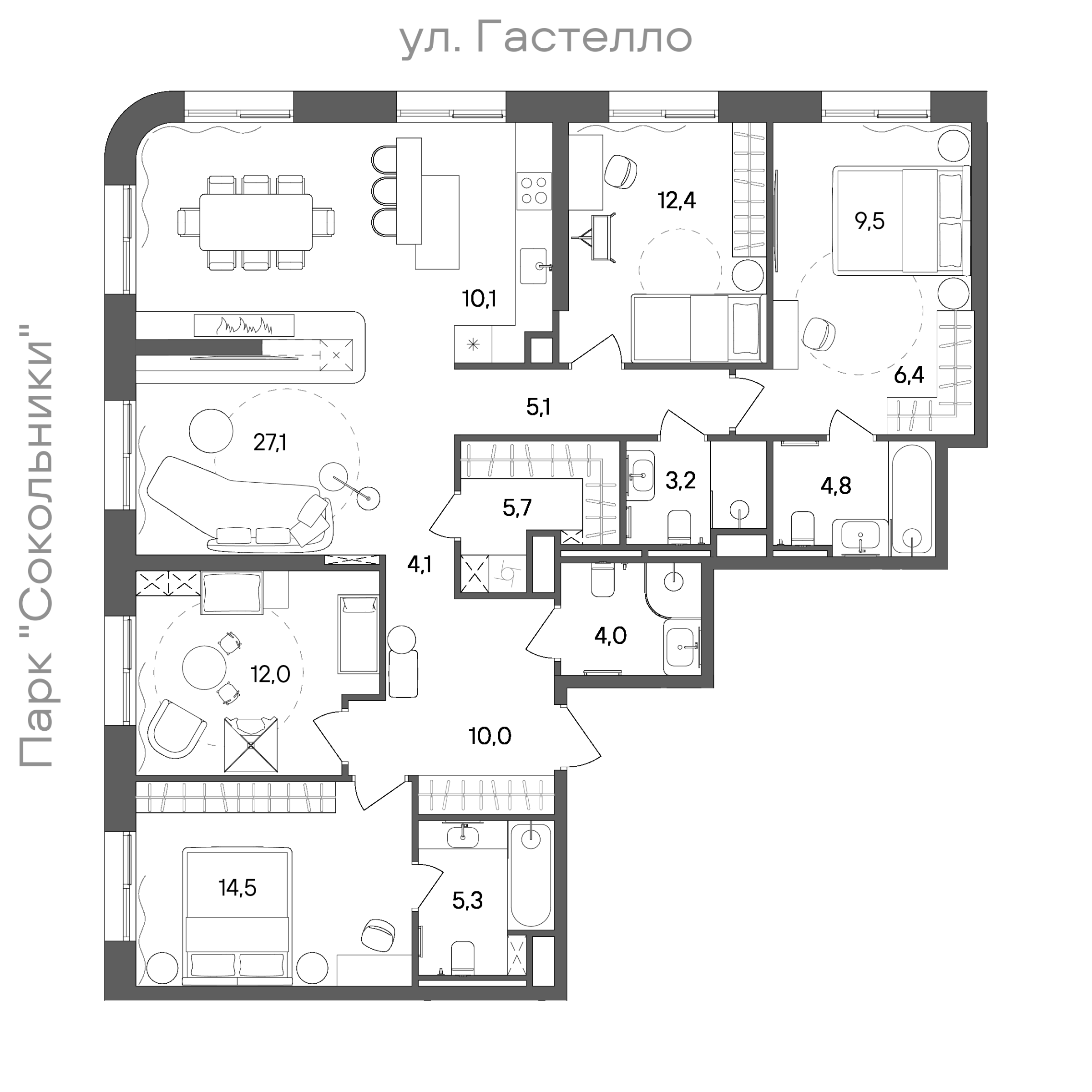 Планировка: 4-комнатная, 134,2 м²