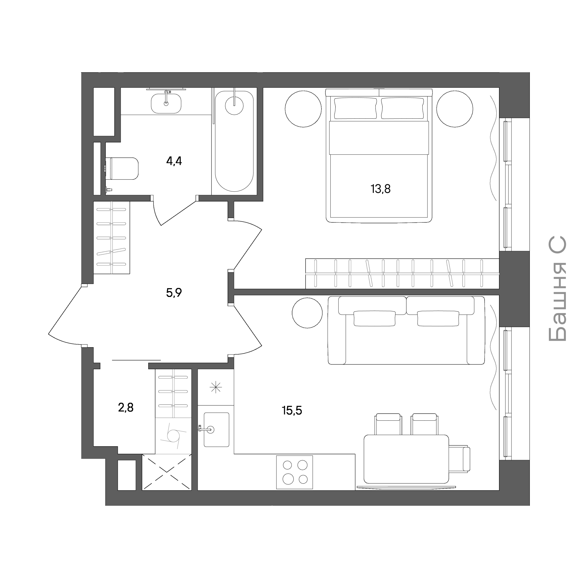 Планировка: 1-комнатная, 42,4 м²