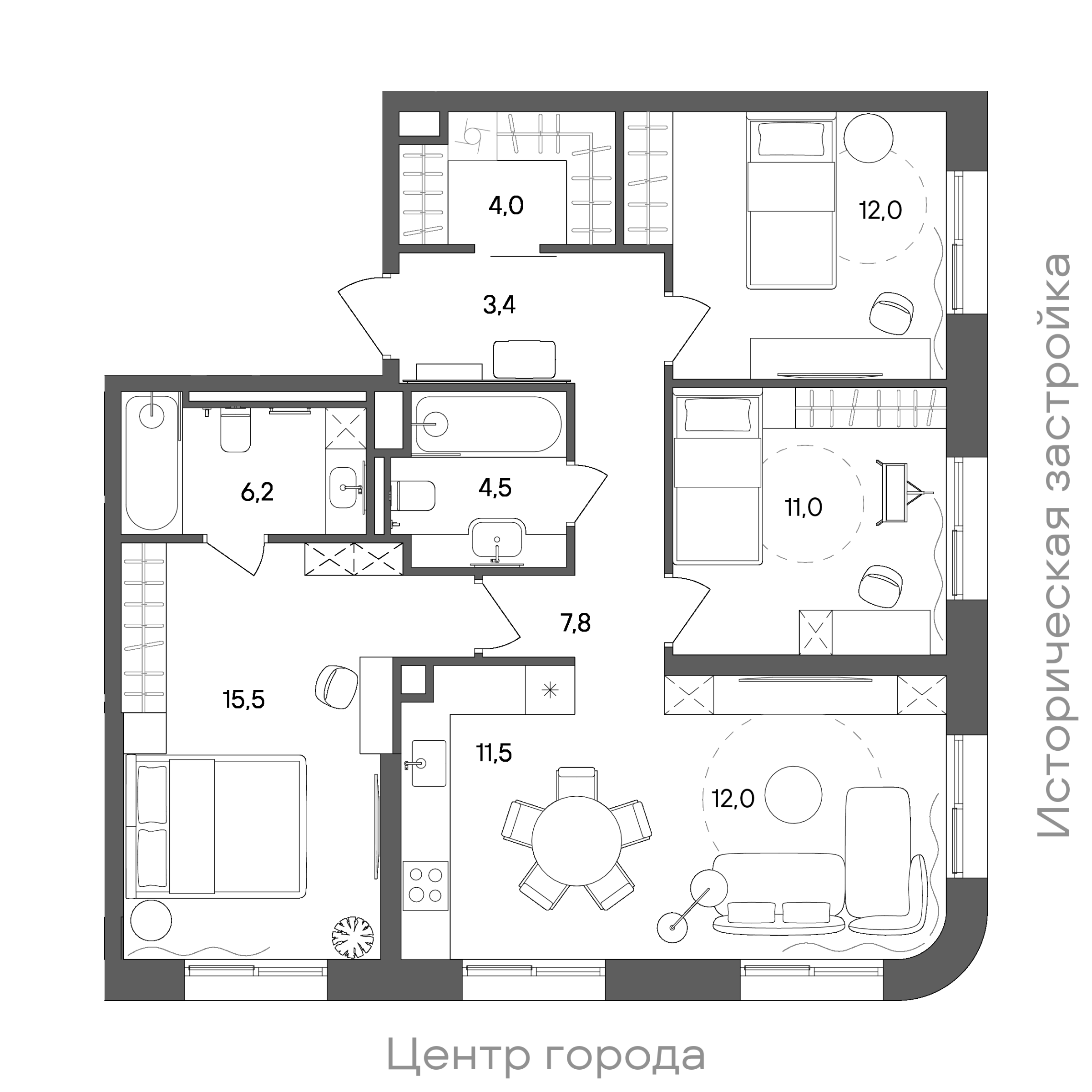 Планировка: 3-комнатная, 87,9 м²