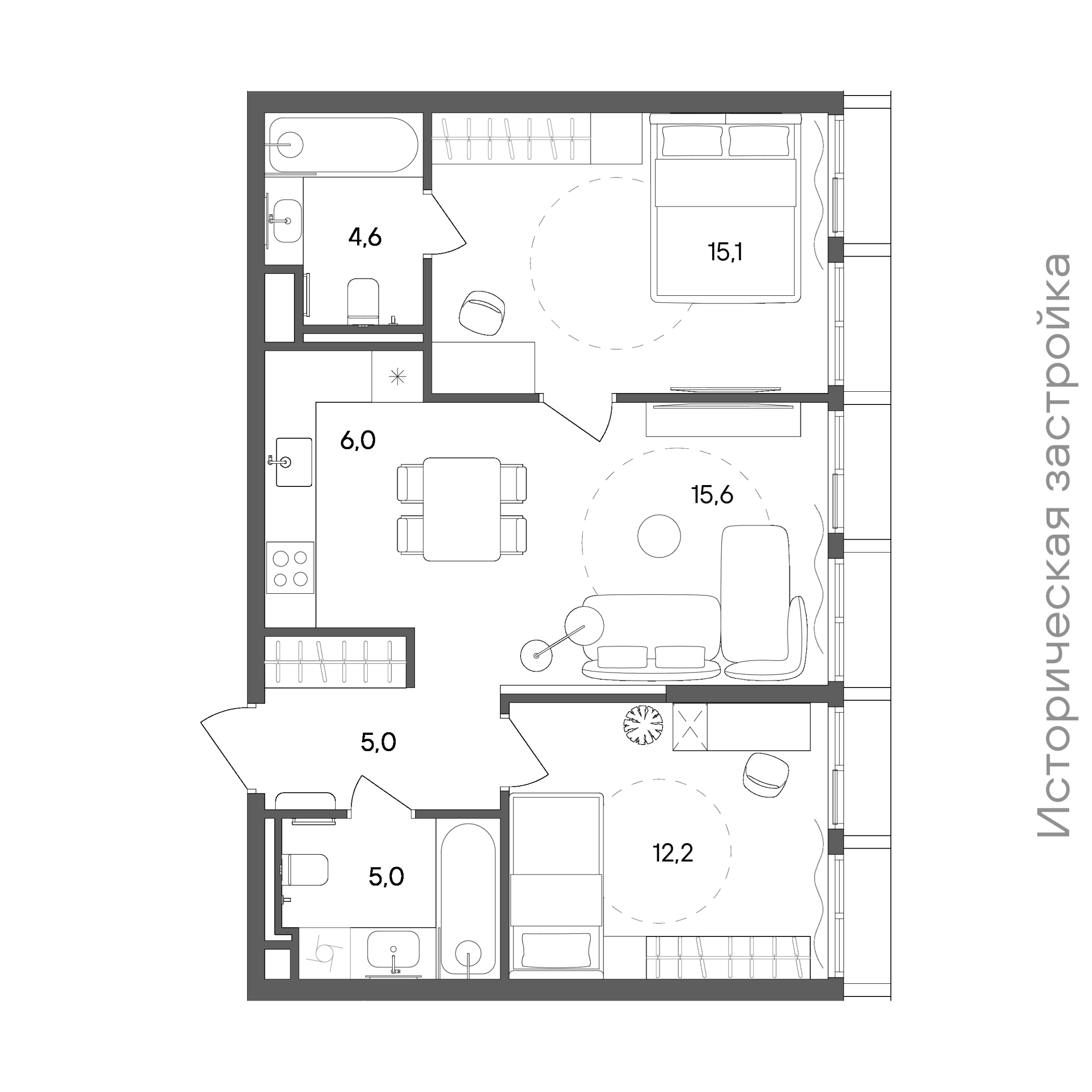 Планировка: 2-комнатная, 63,5 м²