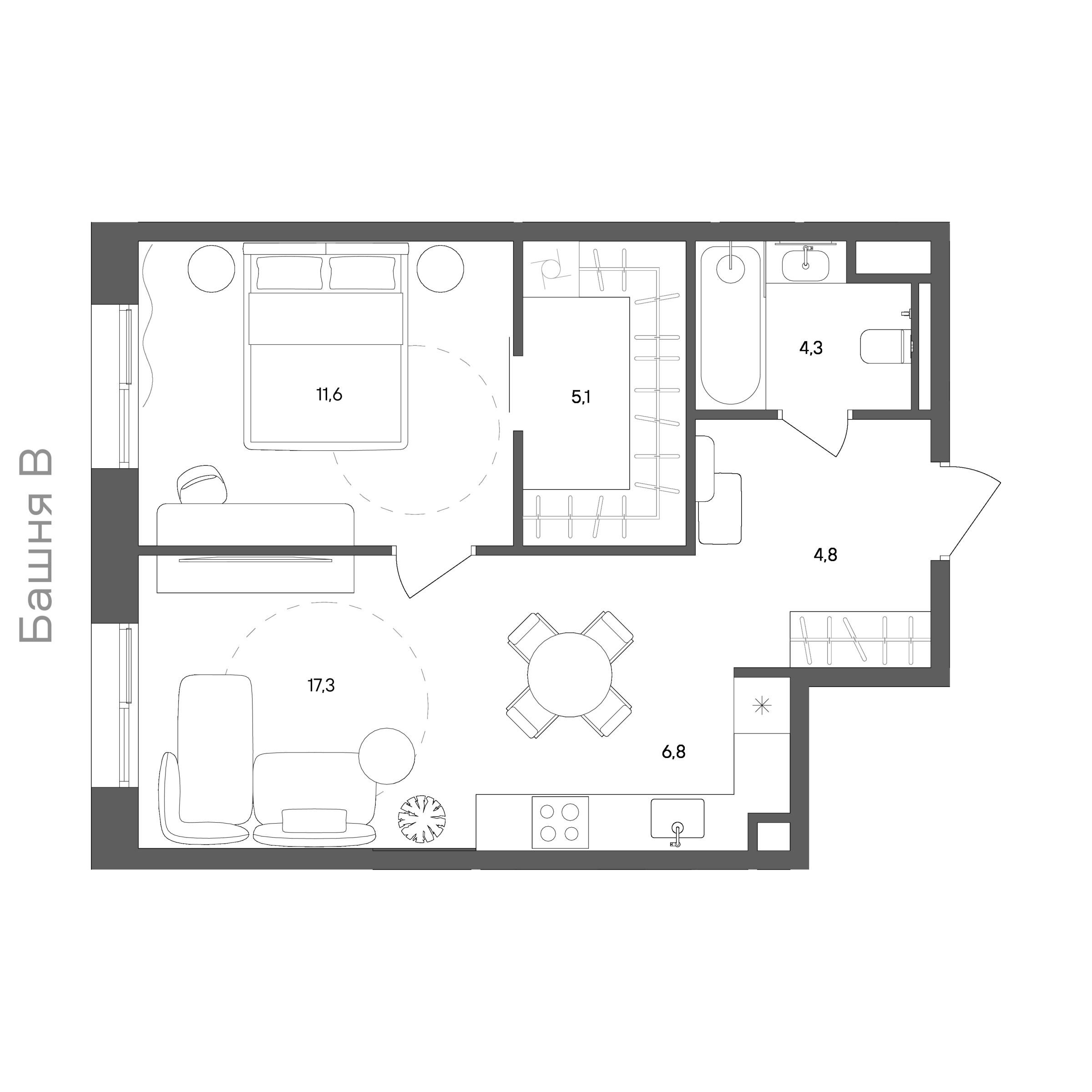 Планировка: 1-комнатная, 49,9 м²