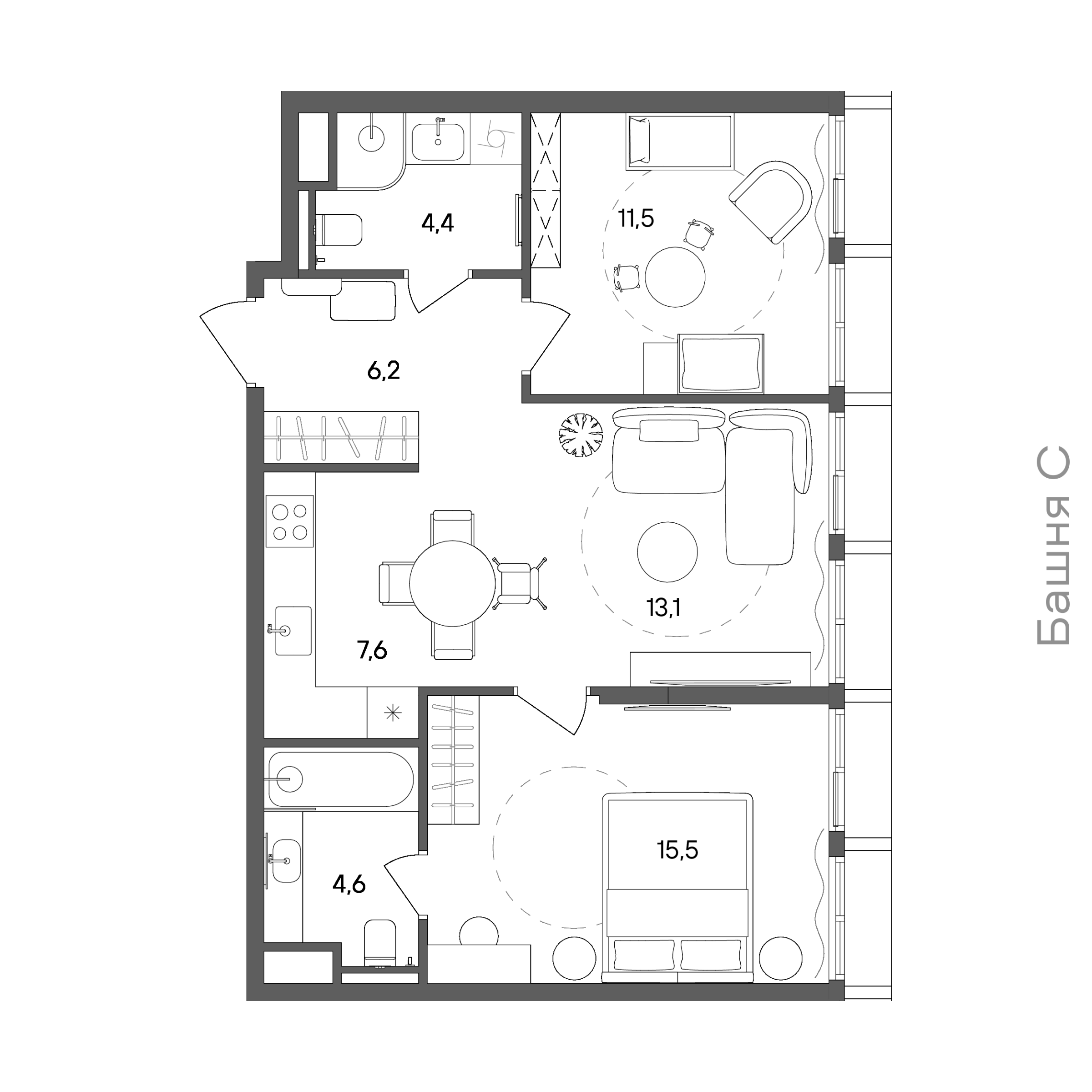 Планировка: 2-комнатная, 62,9 м²
