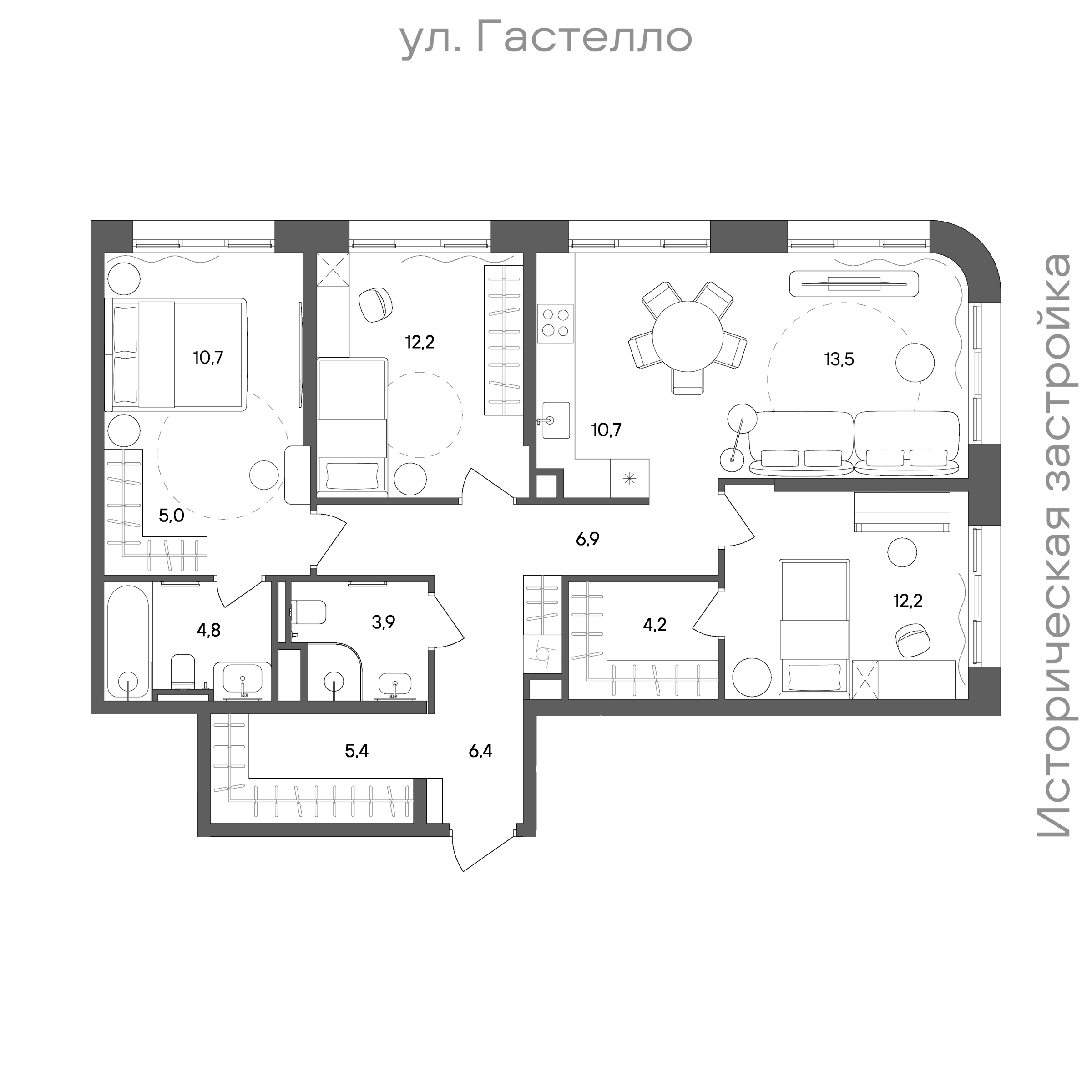 Планировка: 3-комнатная, 95,9 м²