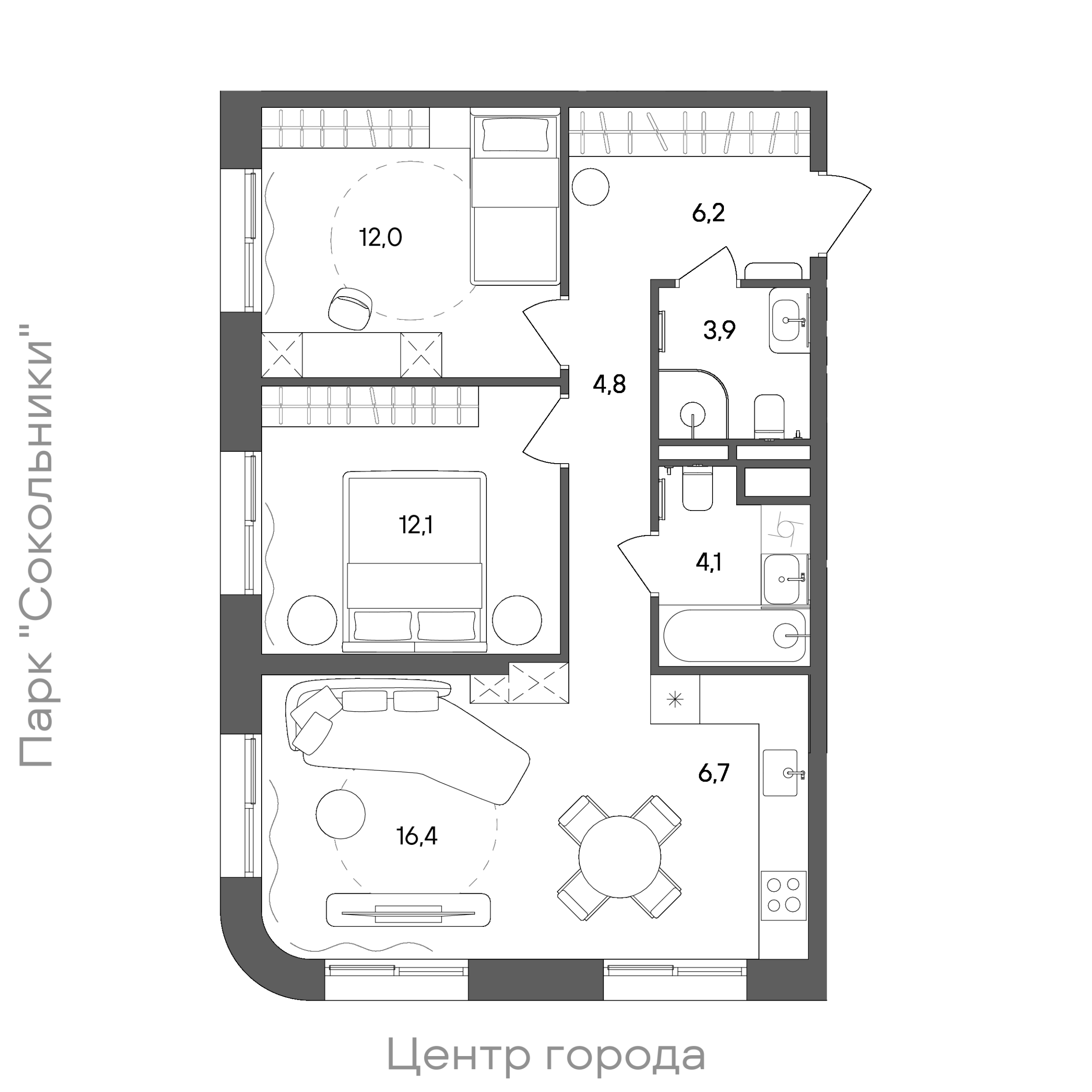 Планировка: 2-комнатная, 66,2 м²
