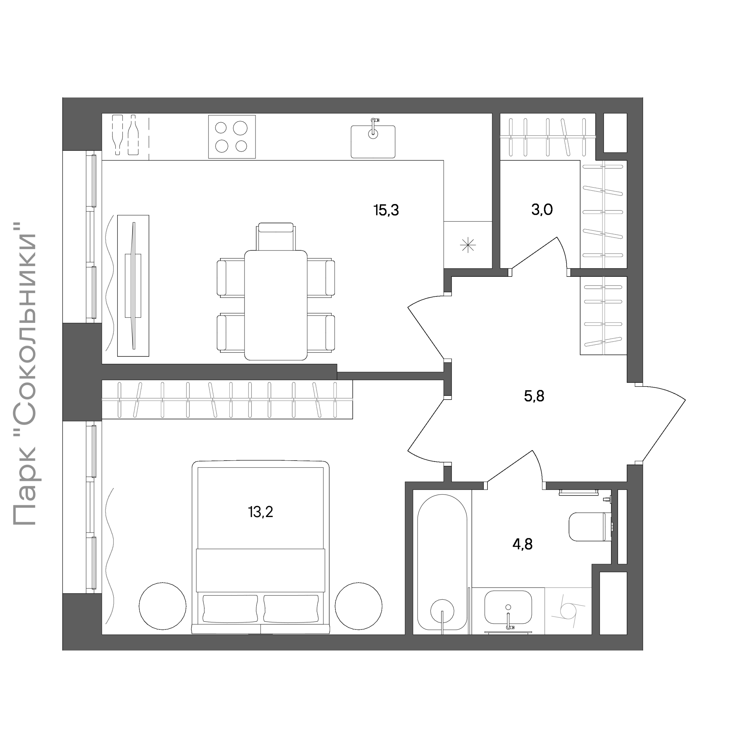 Планировка: 1-комнатная, 42,1 м²