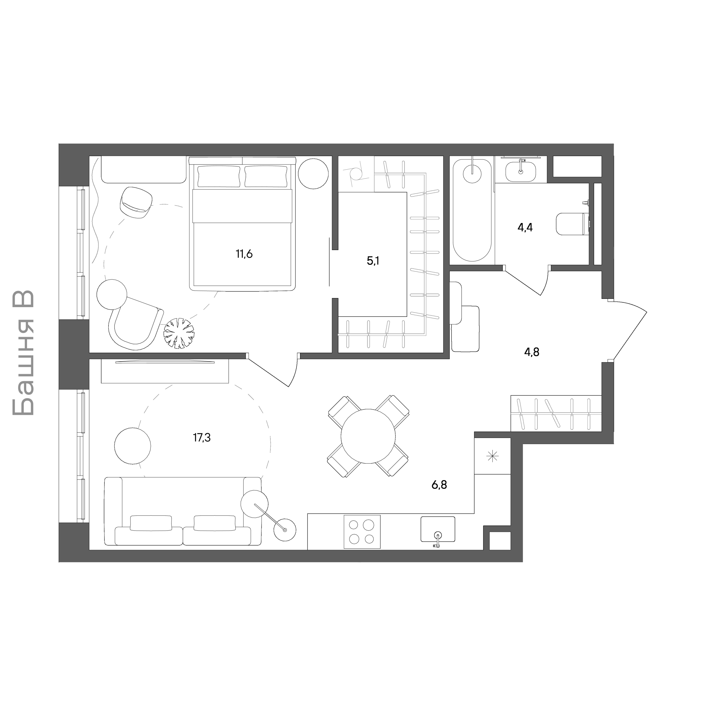 Планировка: 1-комнатная, 50 м²