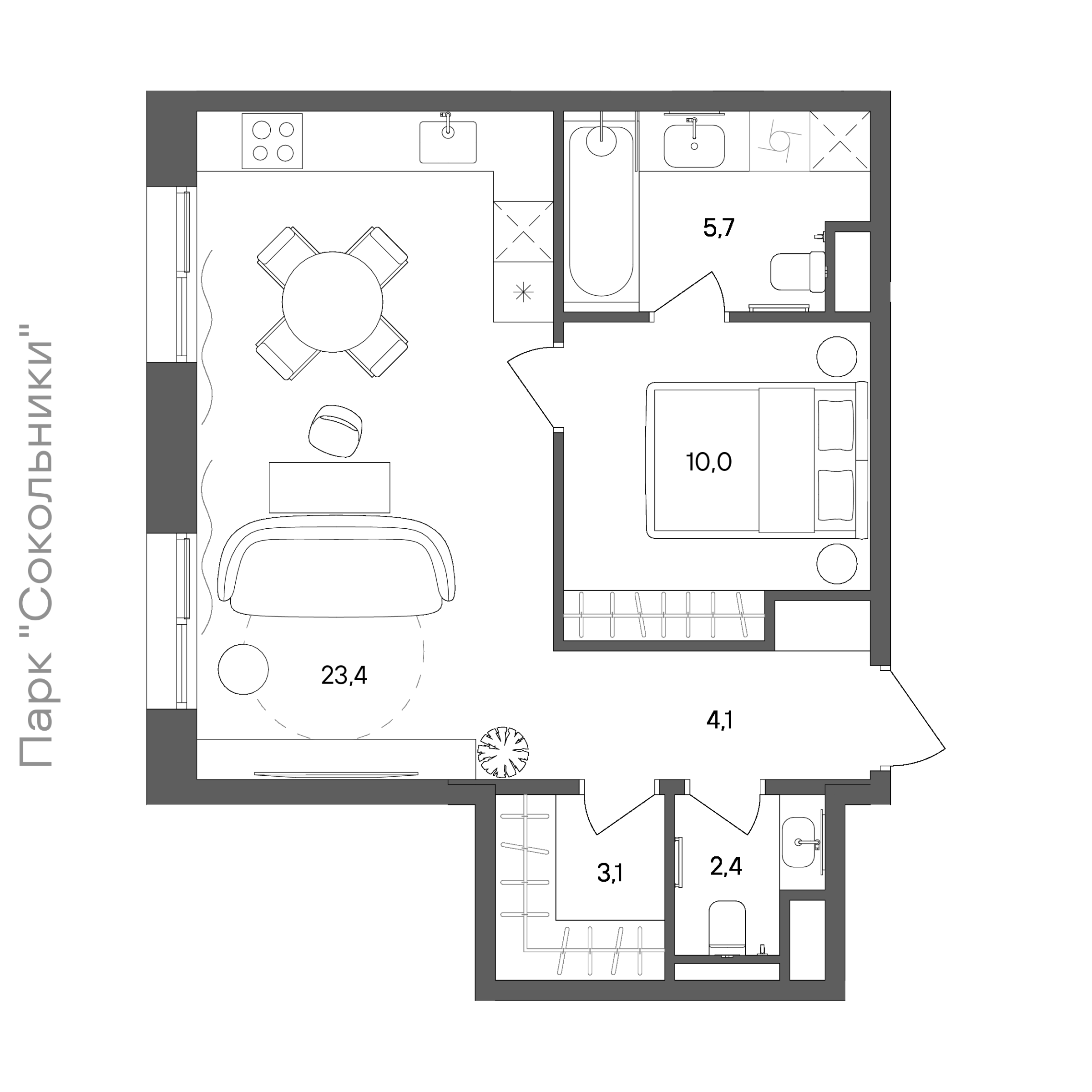 Планировка: 1-комнатная, 48,7 м²