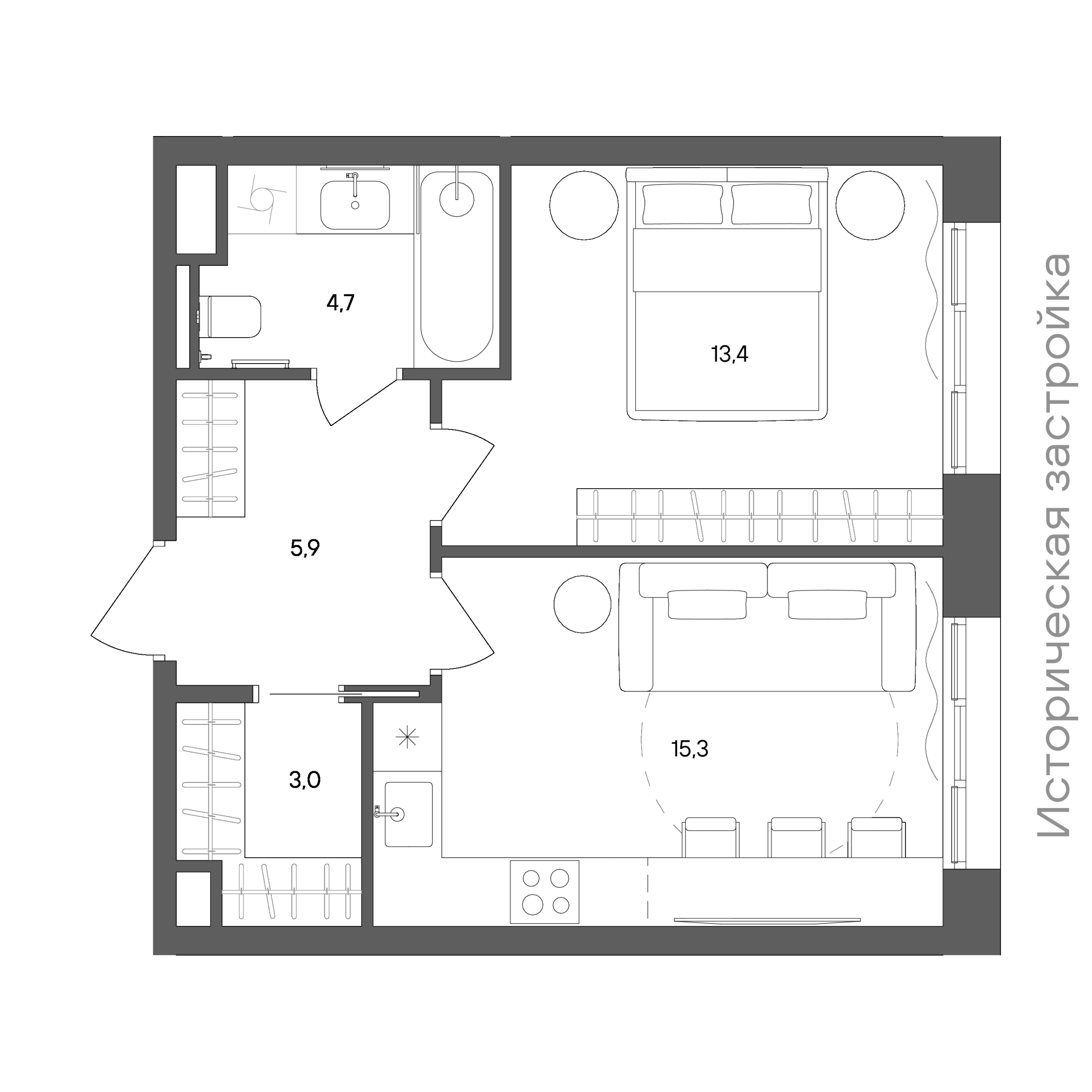 Планировка: 1-комнатная, 42,3 м²