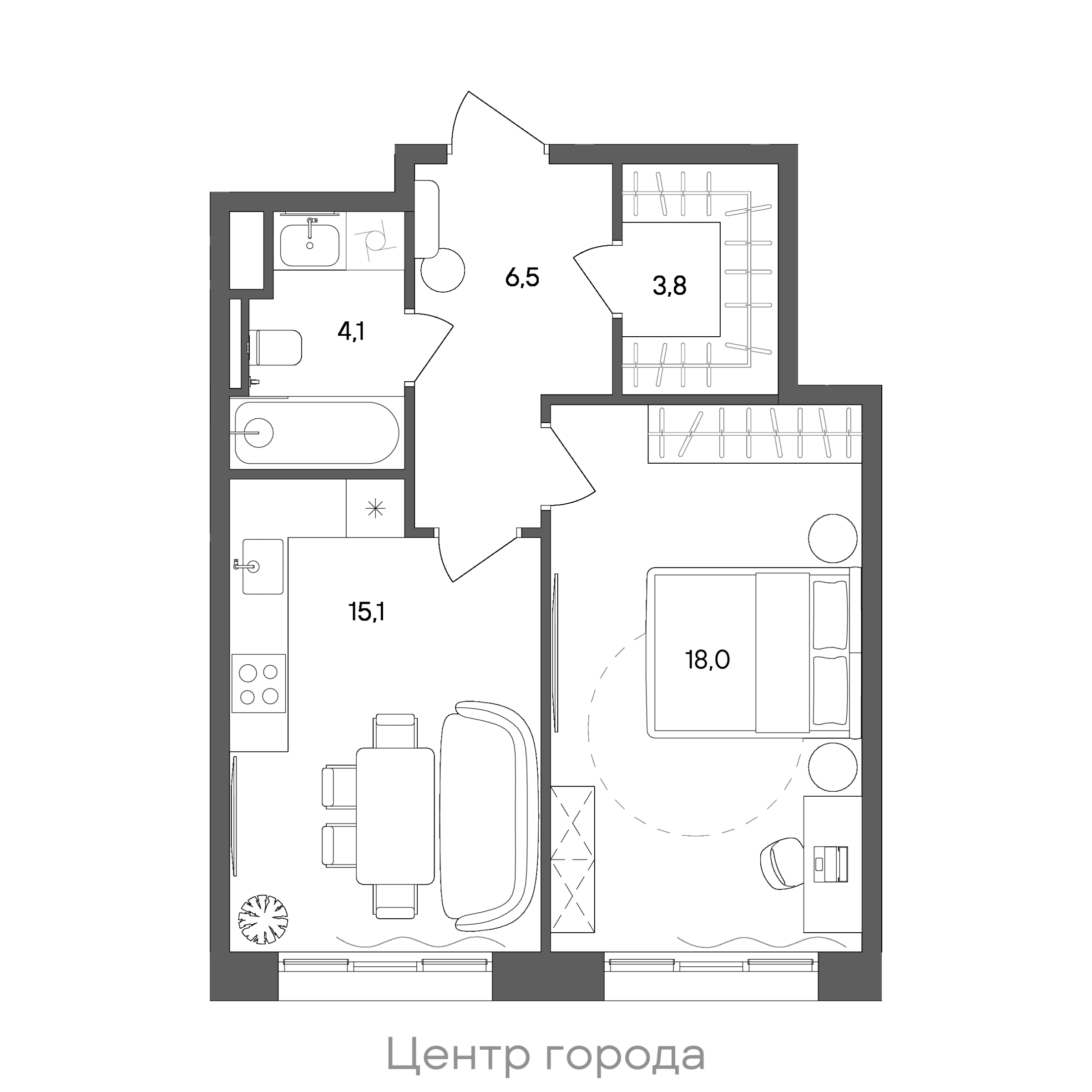 Планировка: 1-комнатная, 47,5 м²