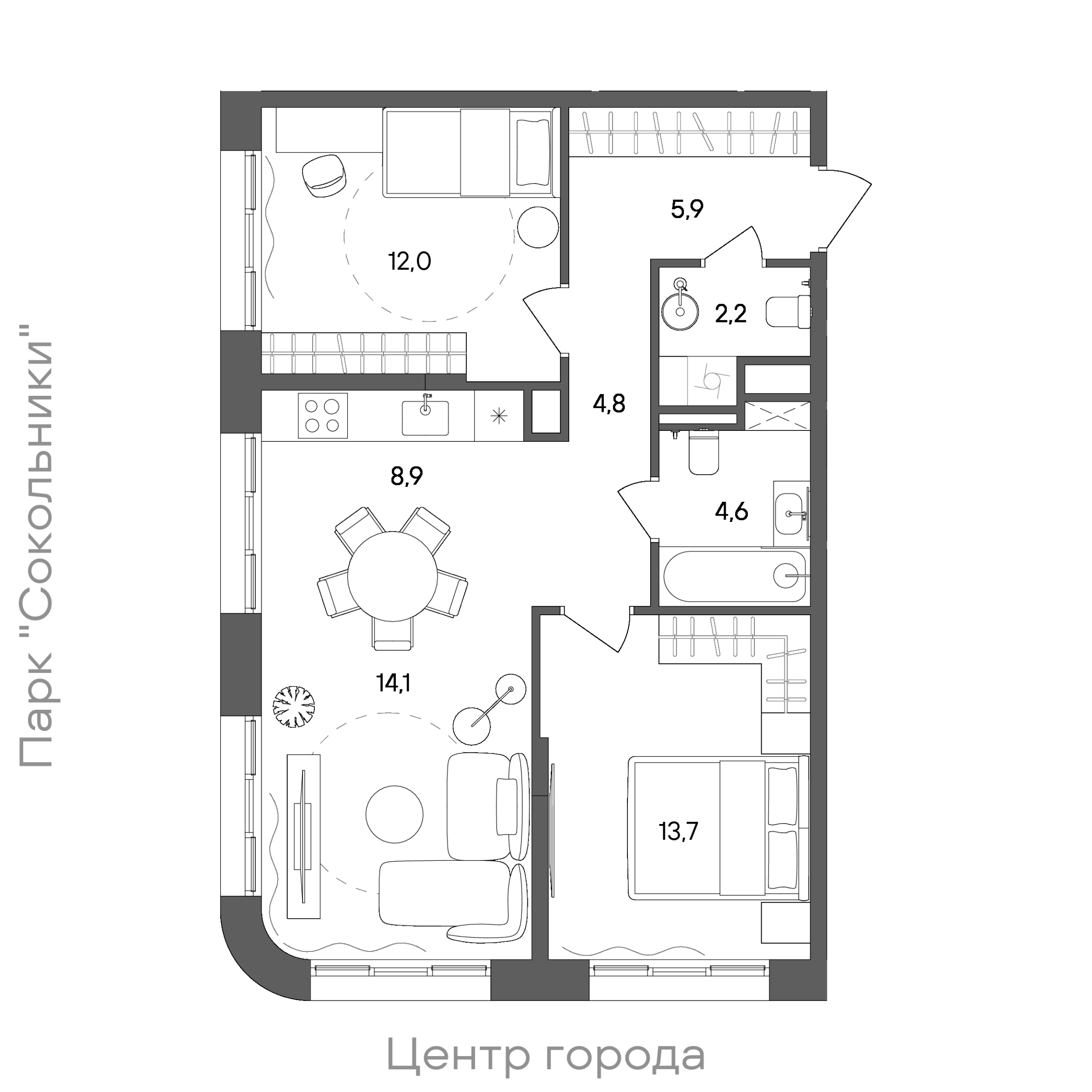 Планировка: 2-комнатная, 66,2 м²