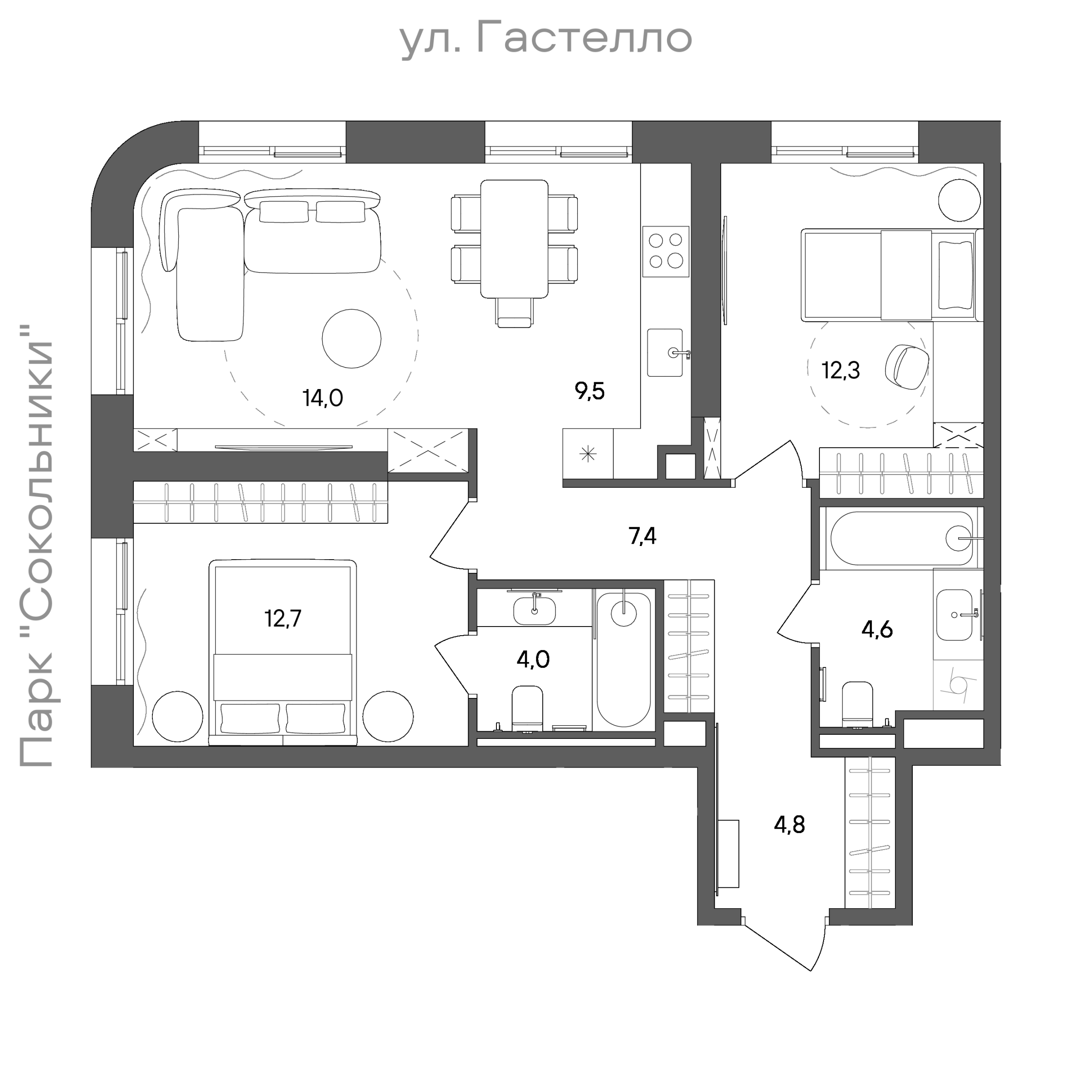 Планировка: 2-комнатная, 69,3 м²