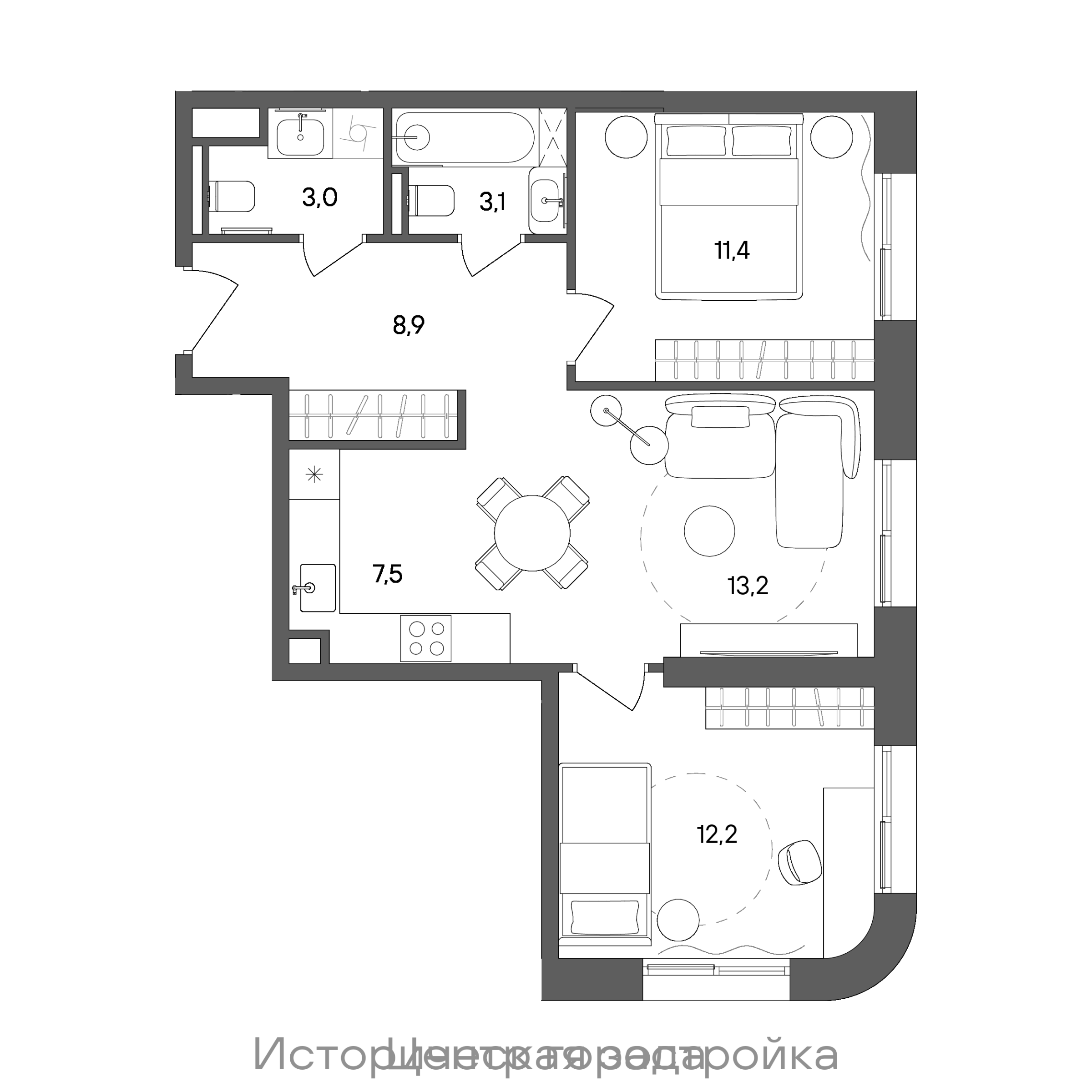 Планировка: 2-комнатная, 59,3 м²