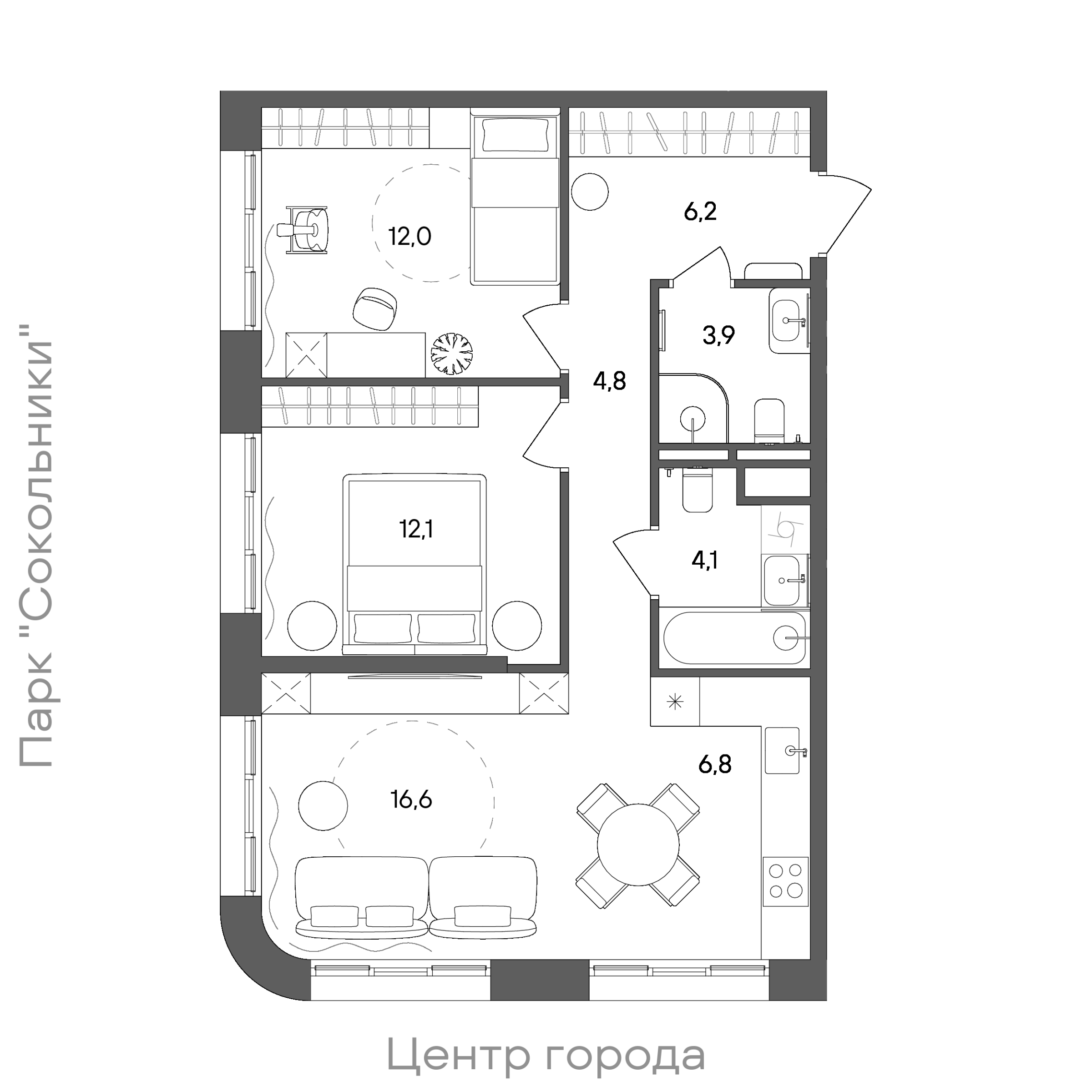 Планировка: 2-комнатная, 66,5 м²
