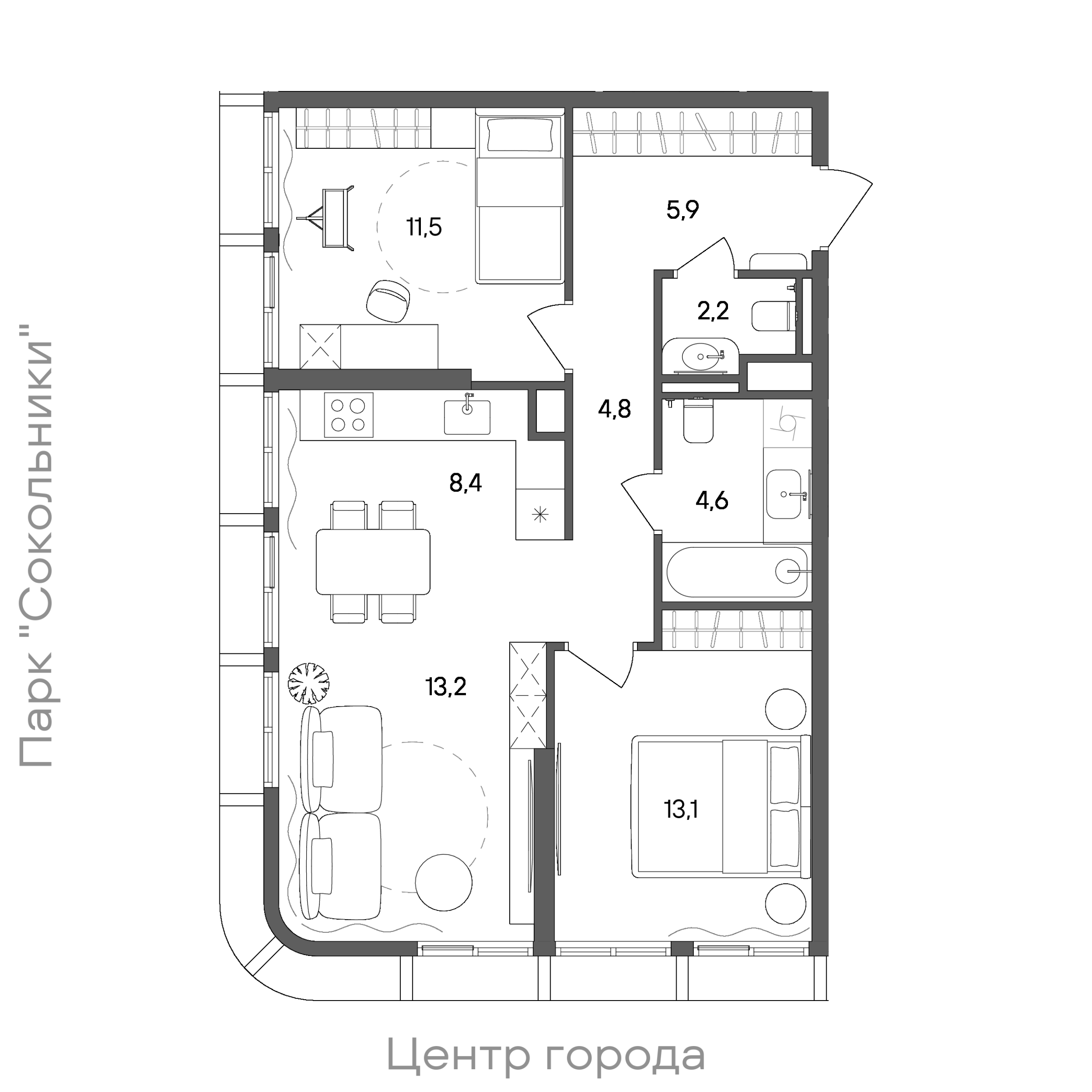 Планировка: 2-комнатная, 63,7 м²