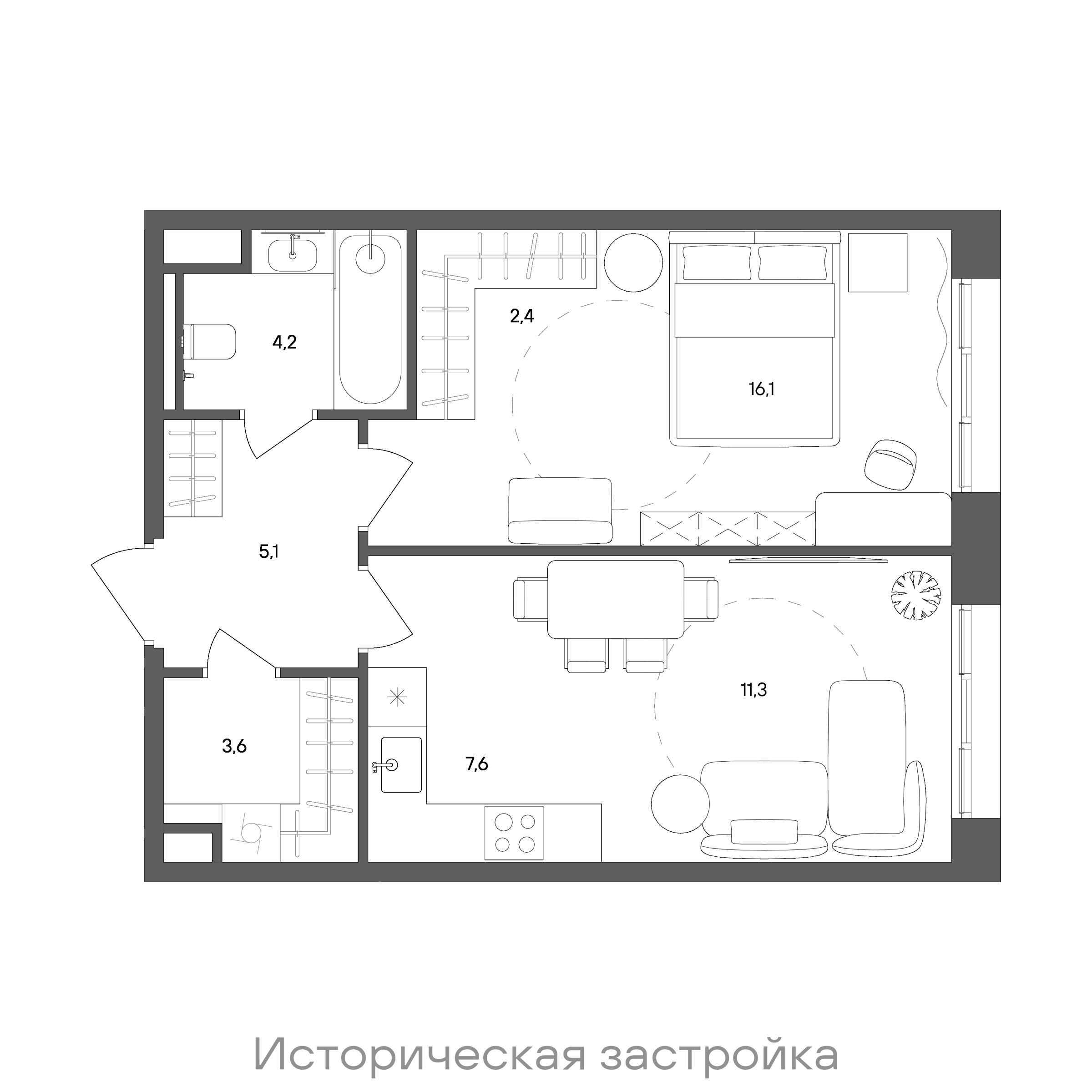 Планировка: 1-комнатная, 50,3 м²