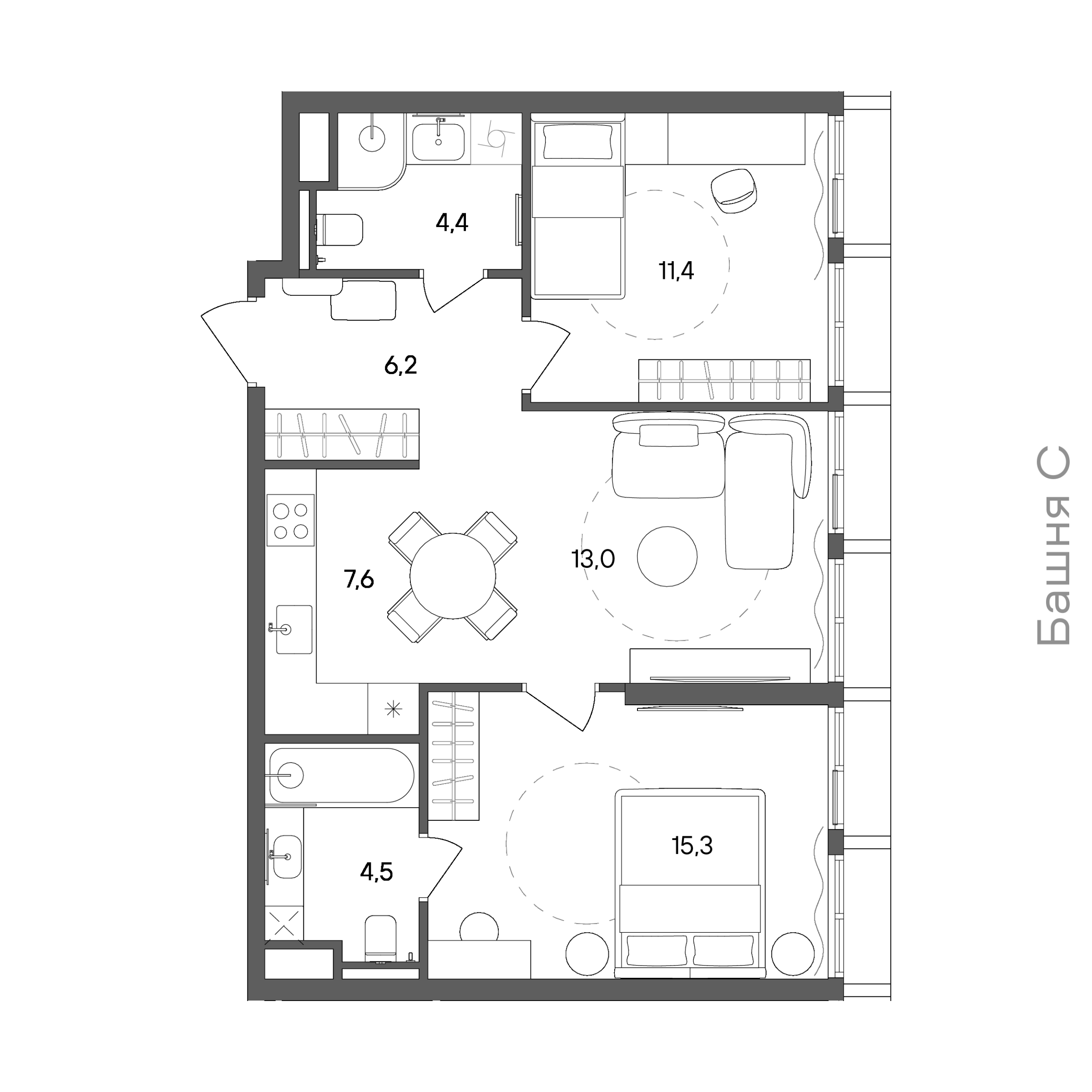 Планировка: 2-комнатная, 62,4 м²