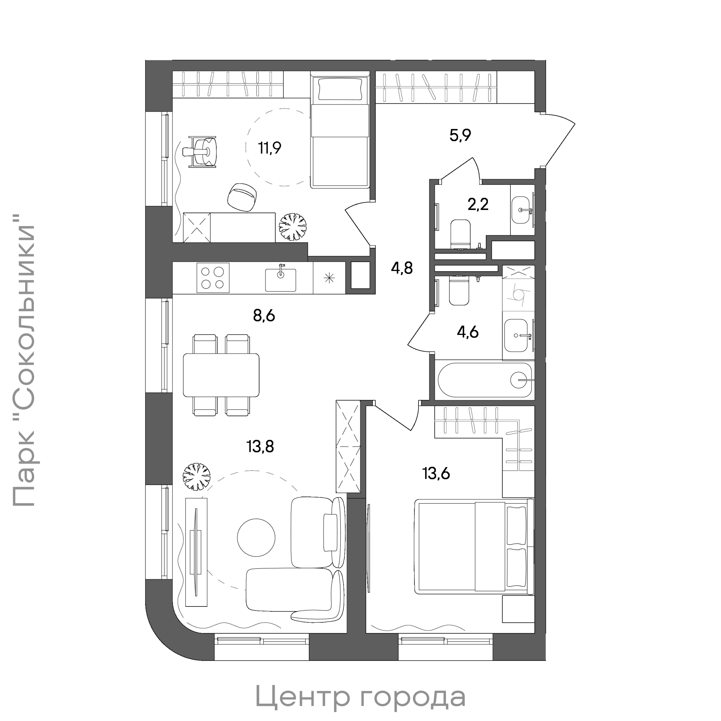 Планировка: 2-комнатная, 65,4 м²