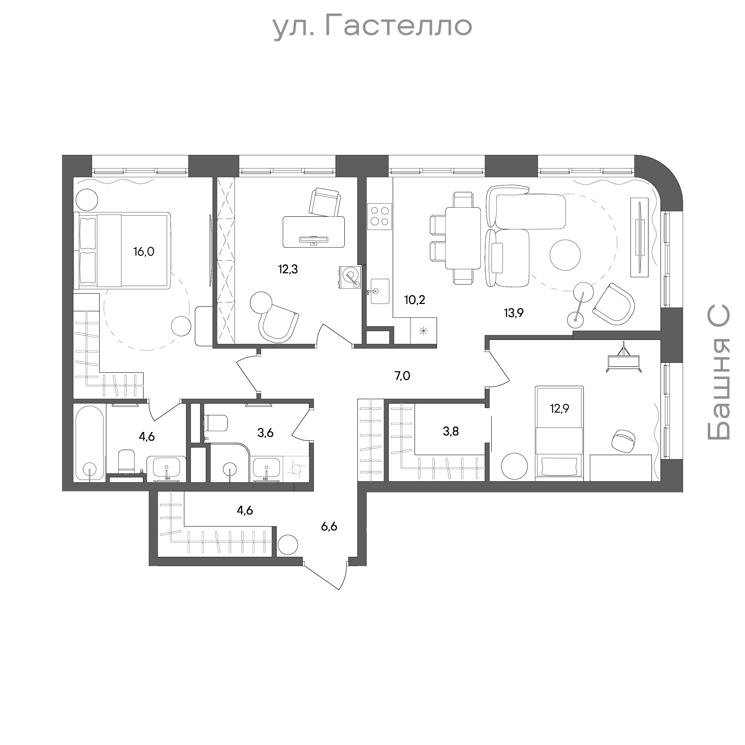 Планировка: 3-комнатная, 95,5 м²