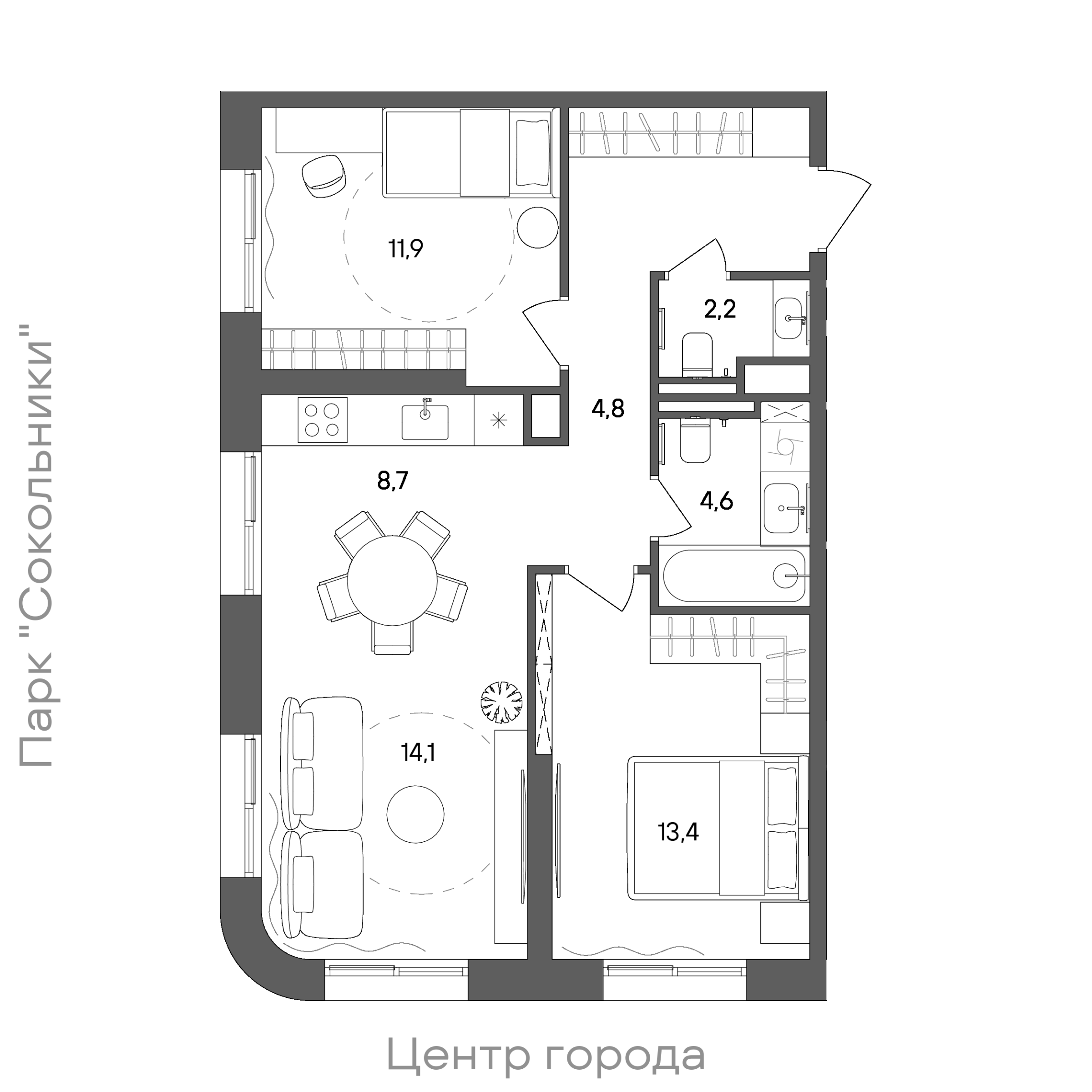 Планировка: 2-комнатная, 65,6 м²