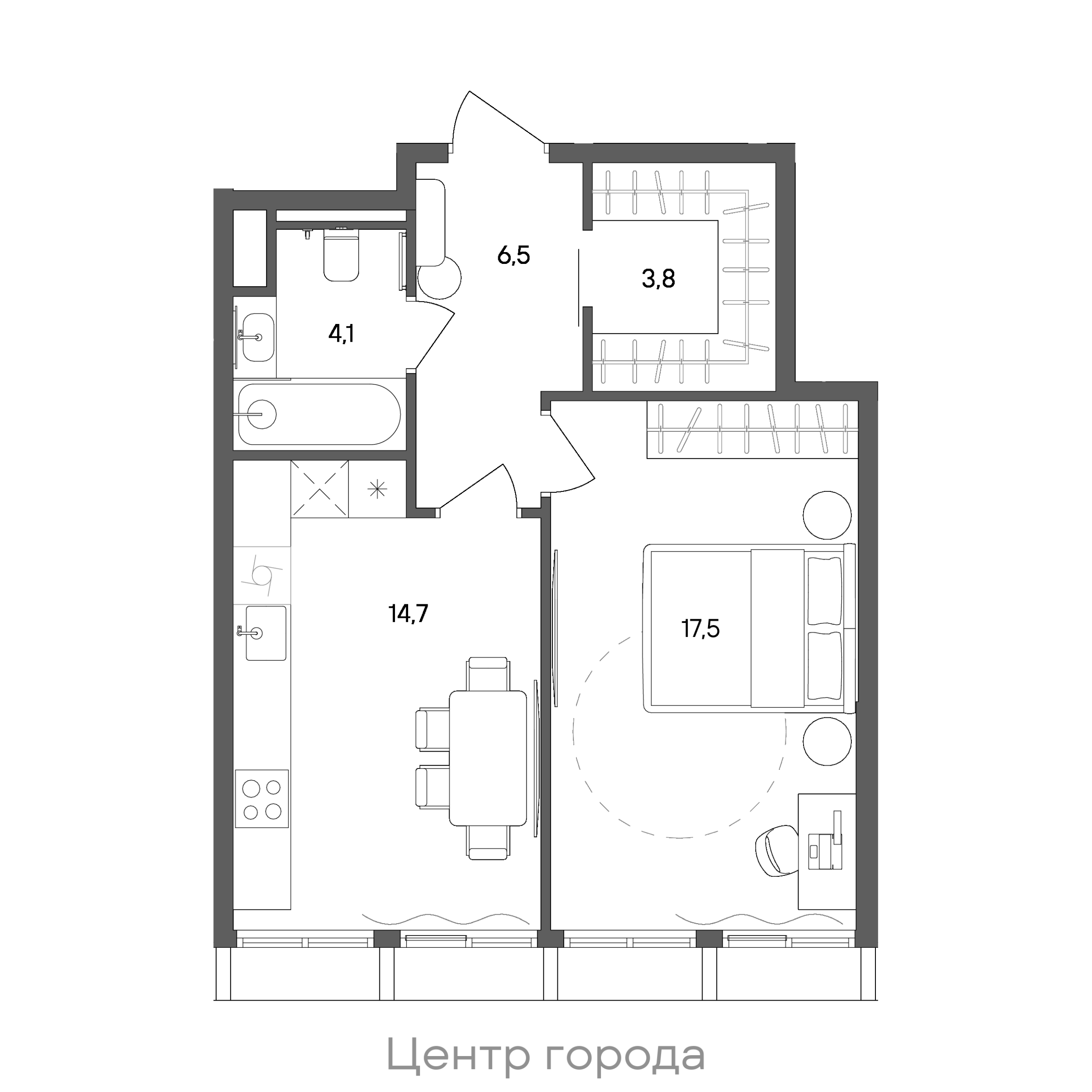 Планировка: 1-комнатная, 46,6 м²