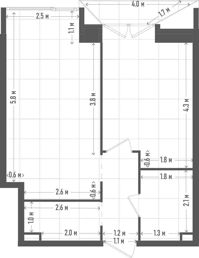 Планировка: 1-комнатная, 44,6 м²