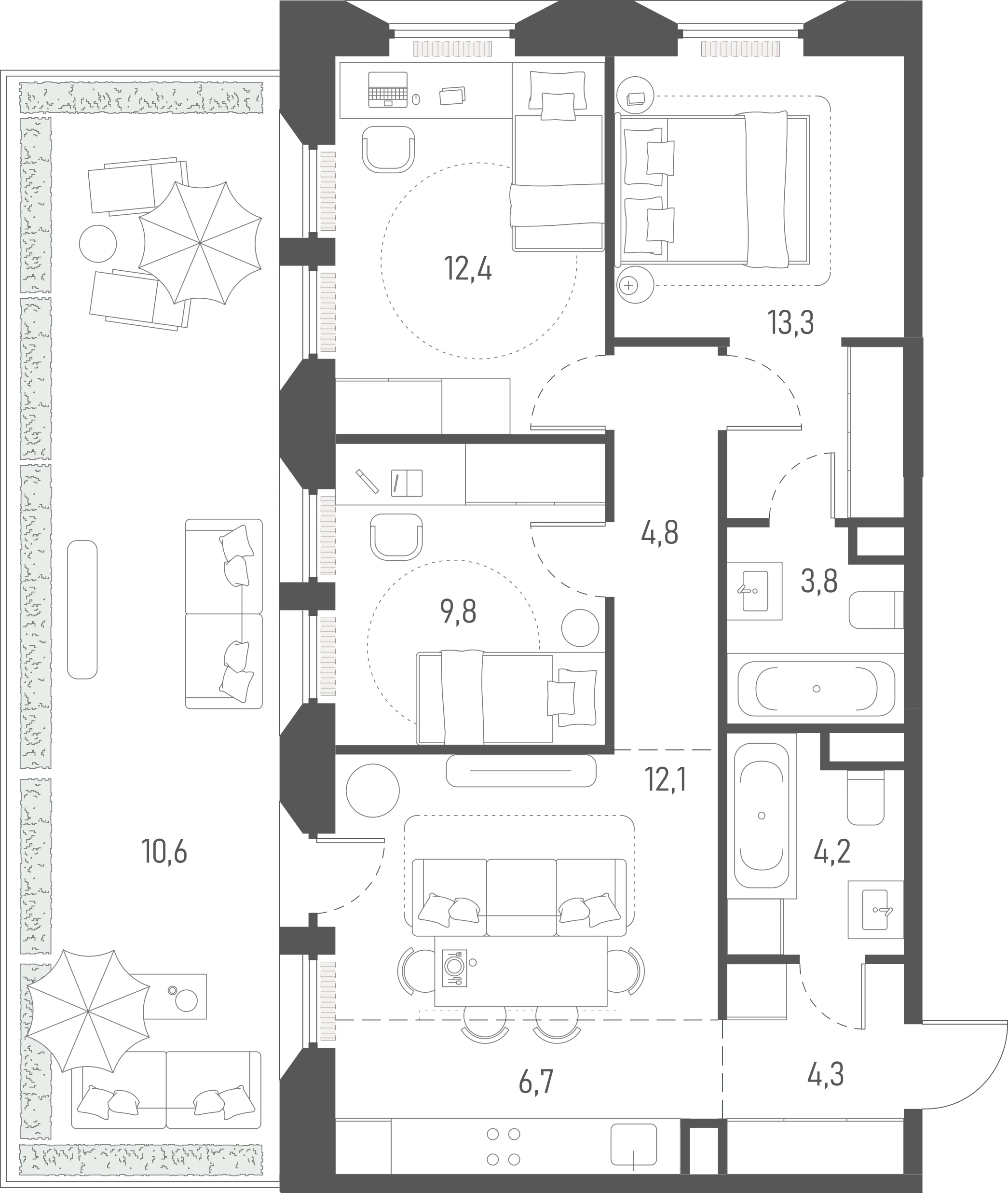 Планировка: 3-комнатная, 82 м²