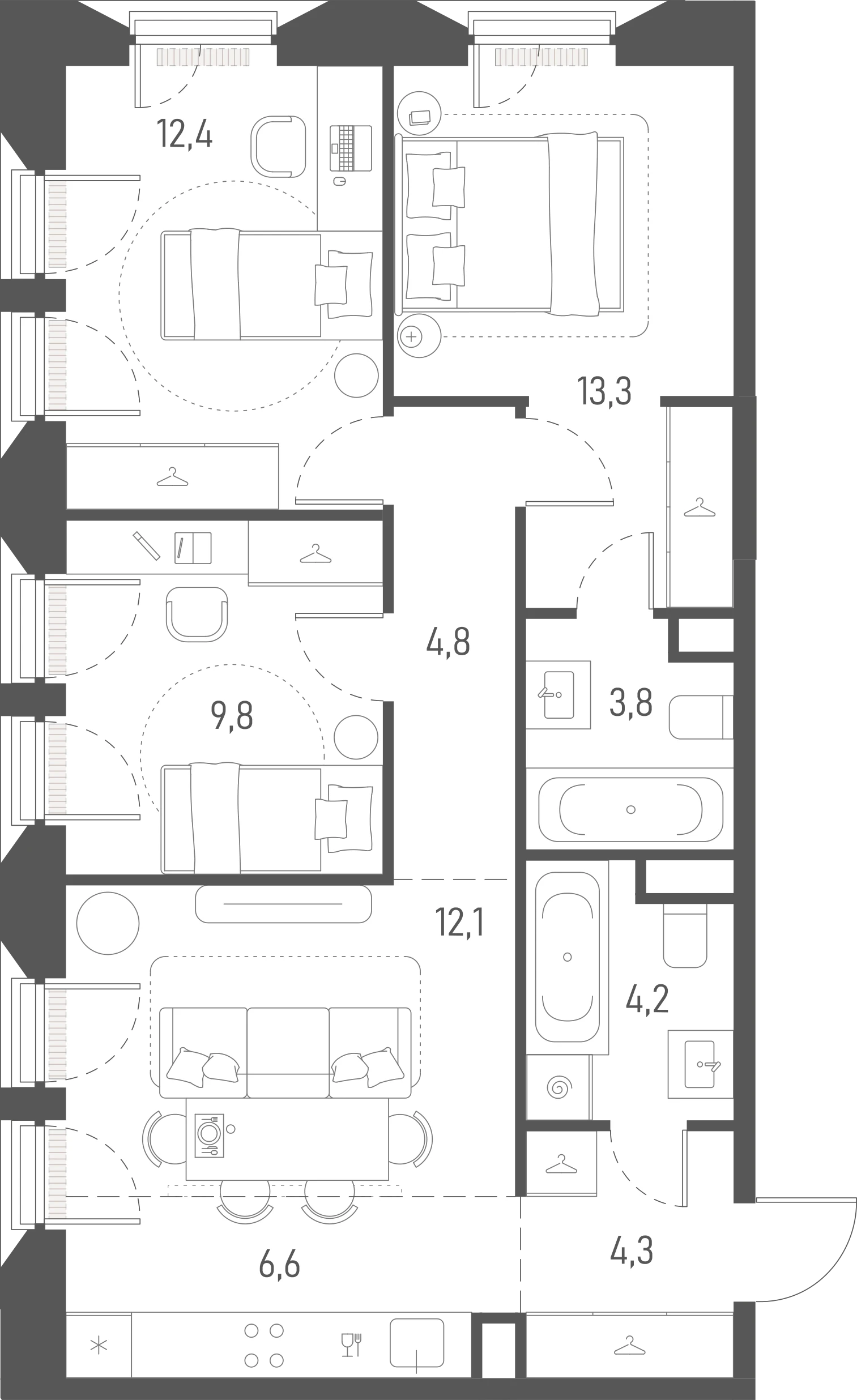 Планировка: 3-комнатная, 71,3 м²