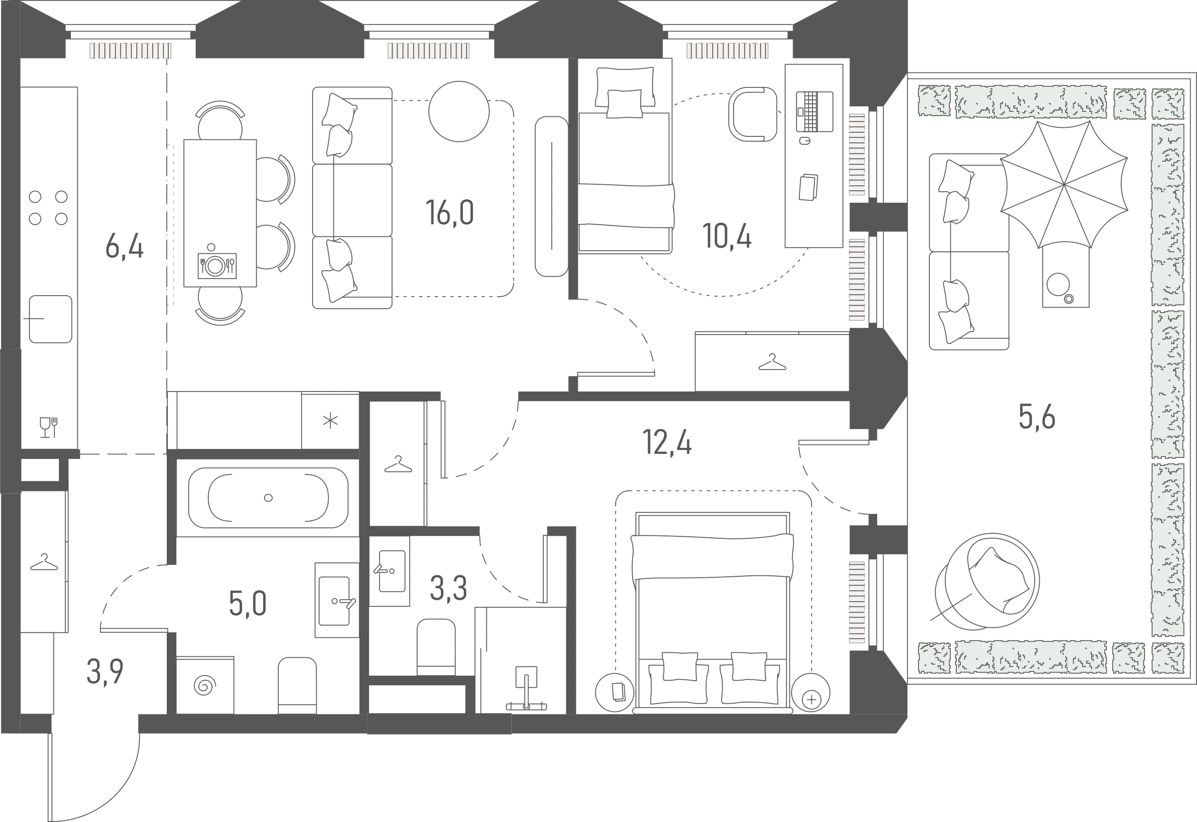Планировка: 2-комнатная, 63 м²