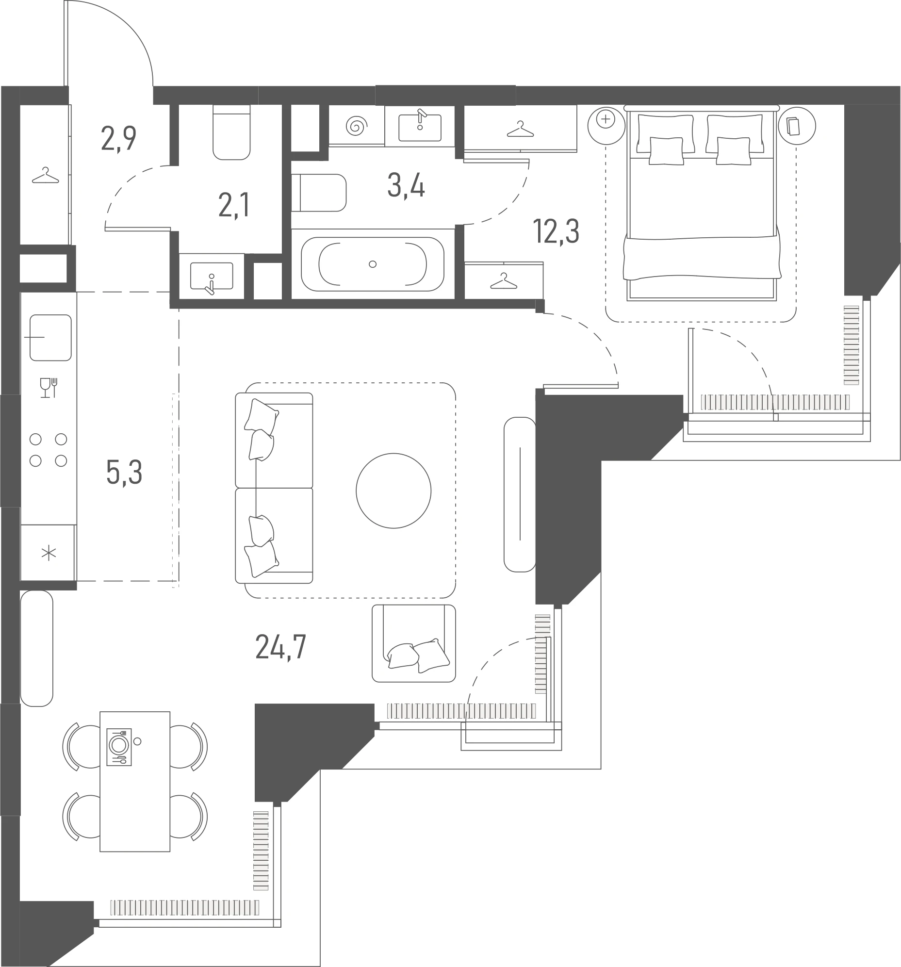Планировка: 1-комнатная, 50,7 м²