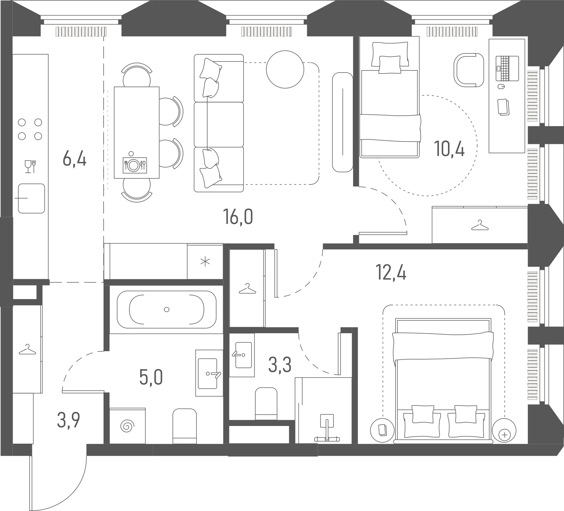 Планировка: 2-комнатная, 57,4 м²