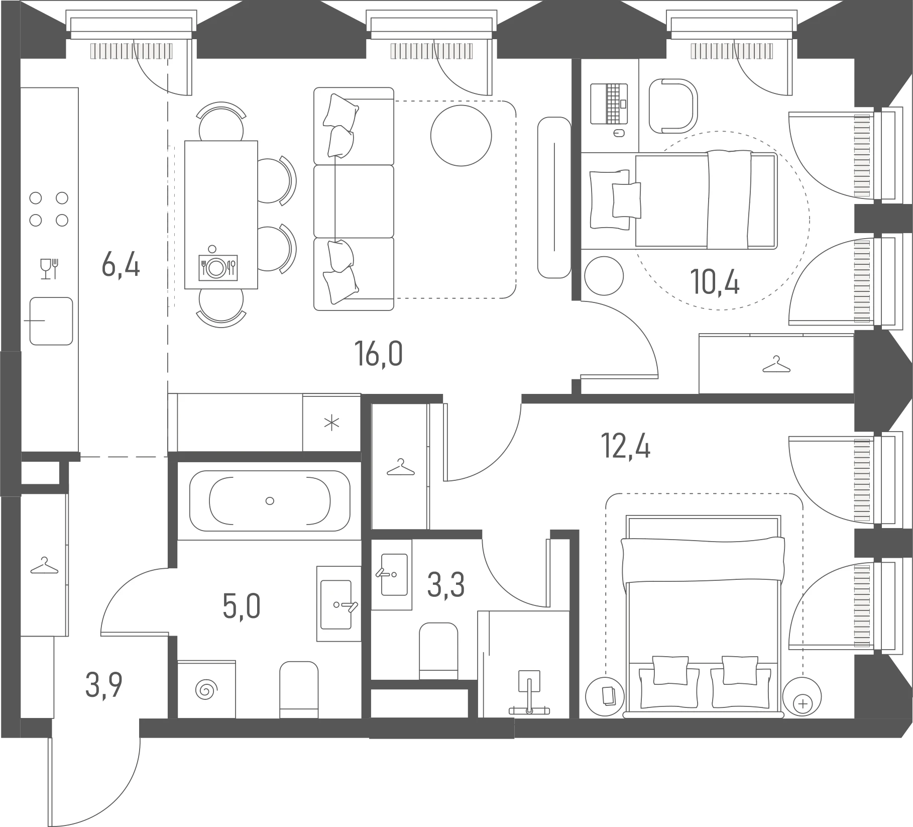 Планировка: 2-комнатная, 57,4 м²