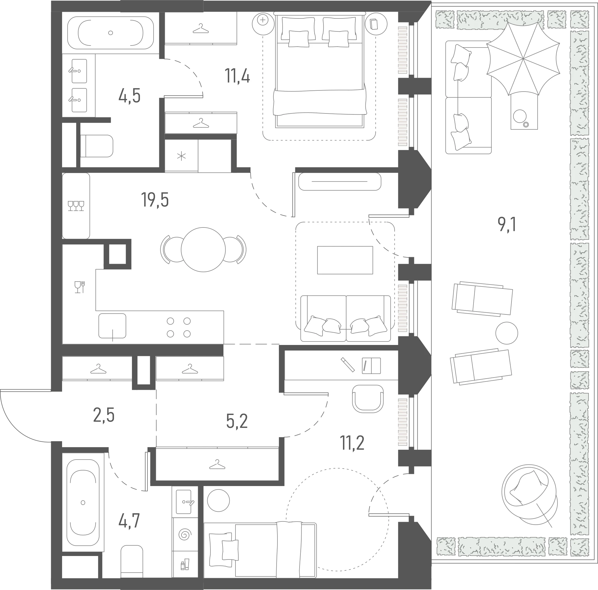 Планировка: 2-комнатная, 68,1 м²