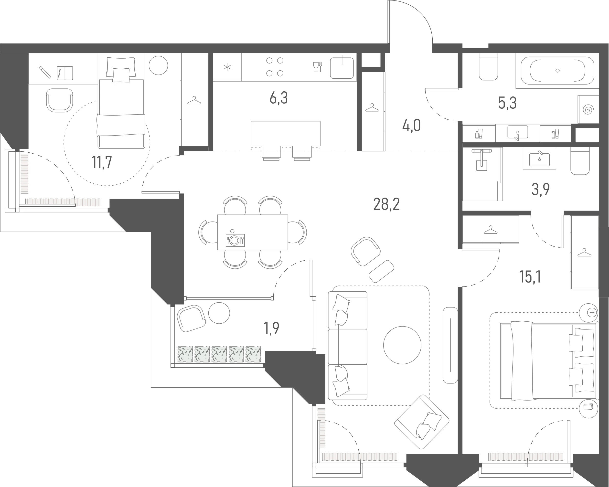 Планировка: 2-комнатная, 76,4 м²