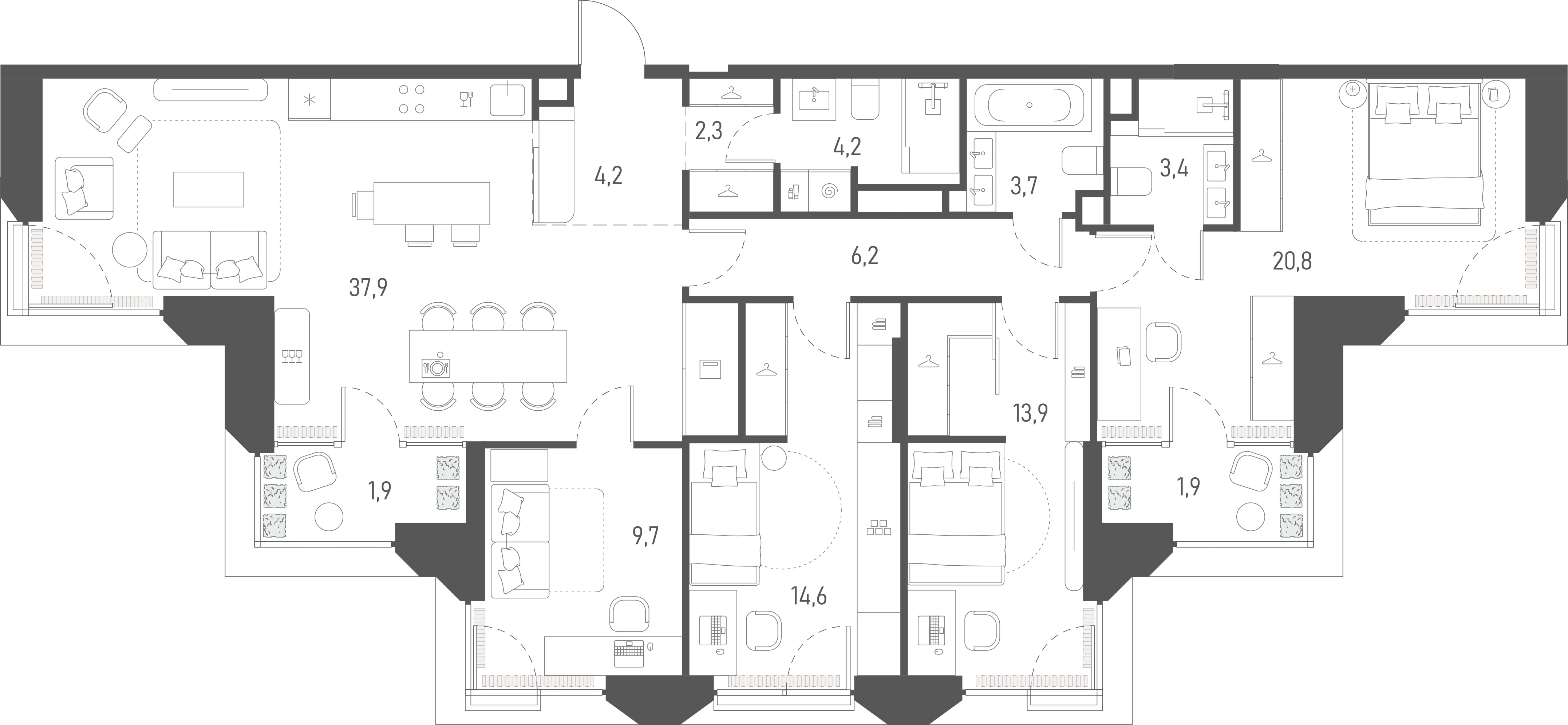 Планировка: 4-комнатная, 124,7 м²
