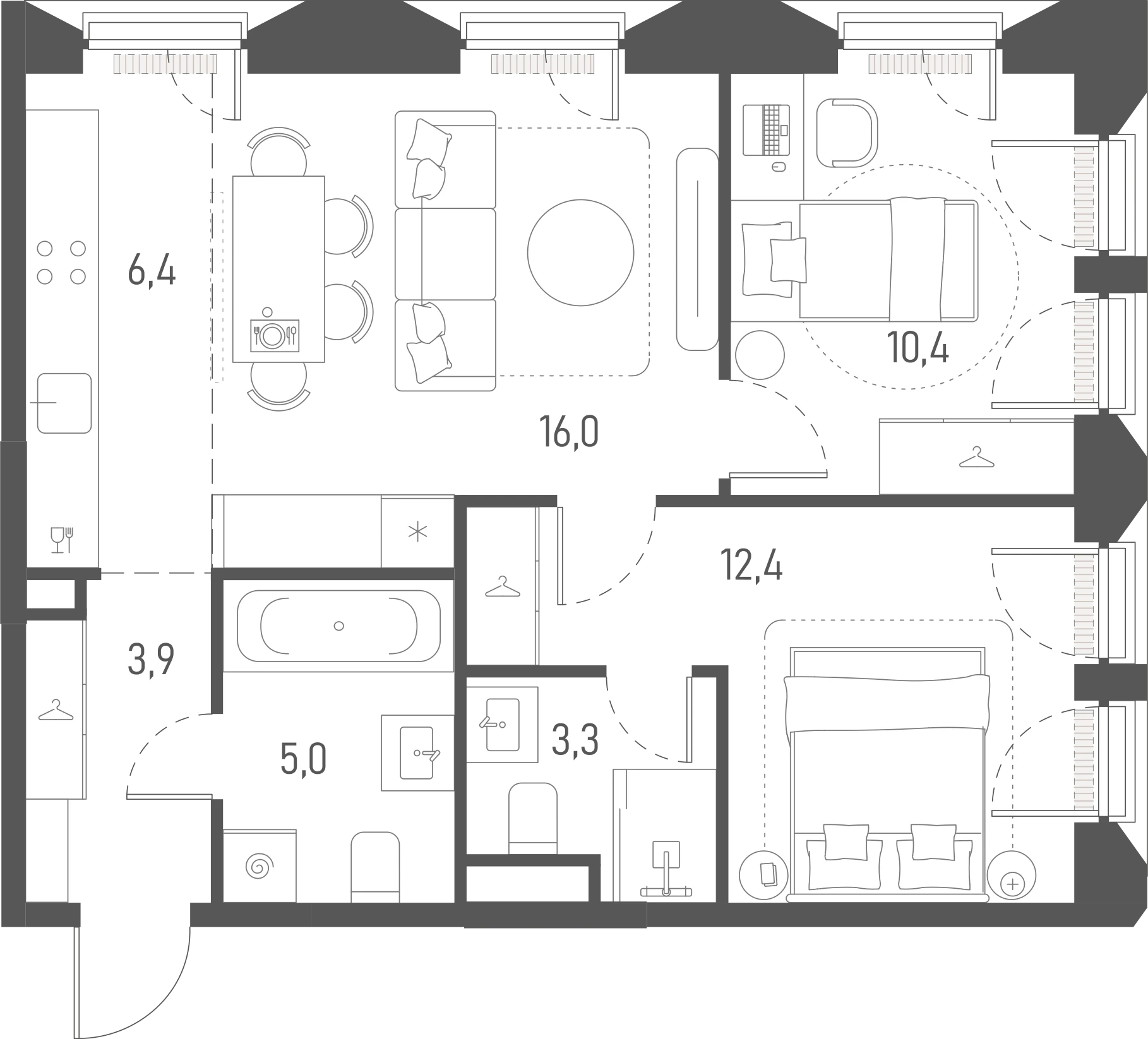 Планировка: 2-комнатная, 57,4 м²