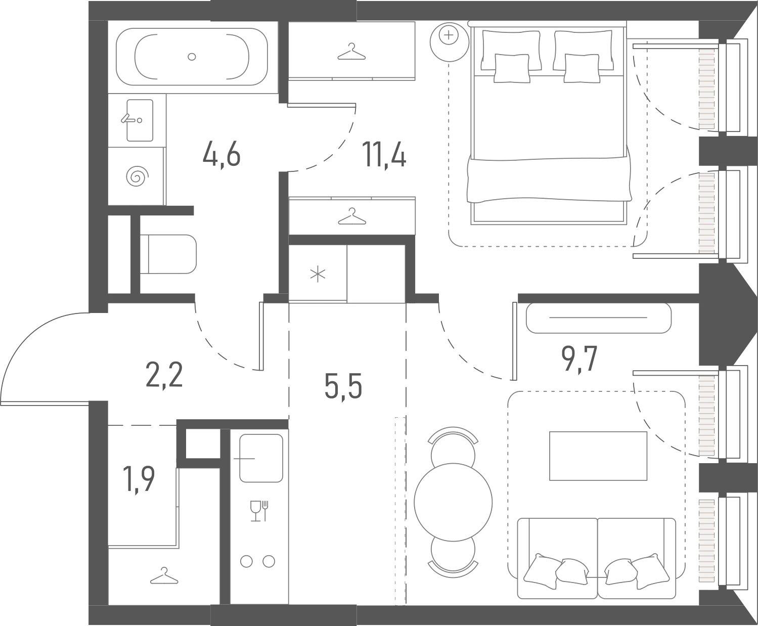 Планировка: 1-комнатная, 35,3 м²
