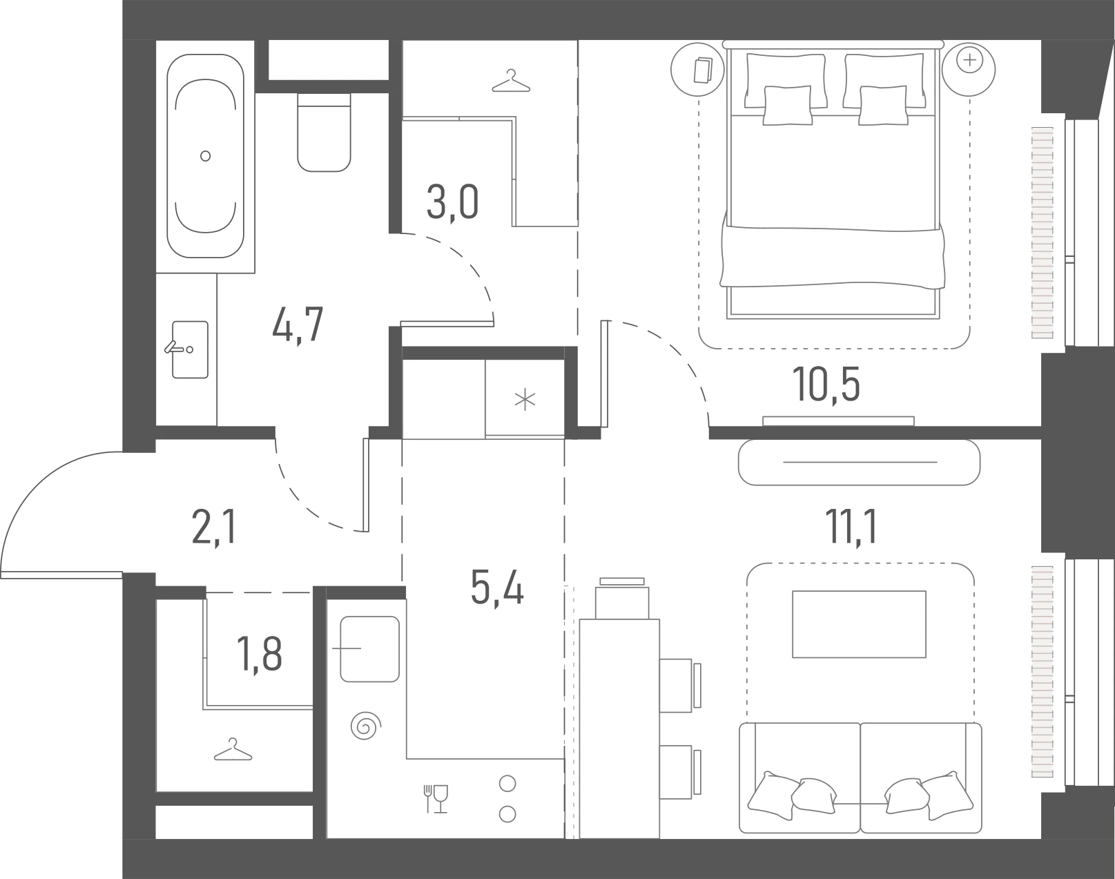Планировка: 1-комнатная, 38,6 м²
