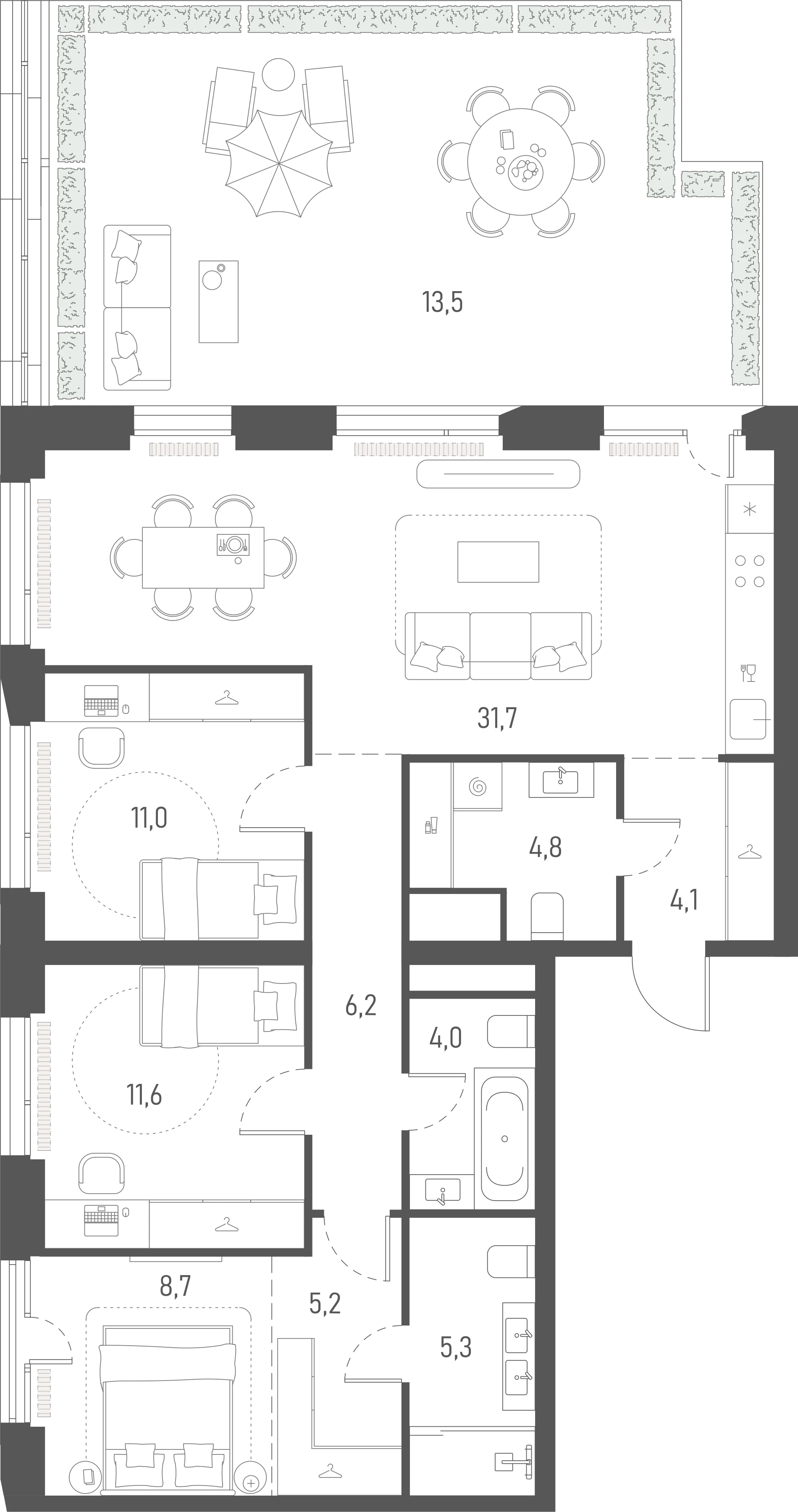 Планировка: 2-комнатная, 106,1 м²