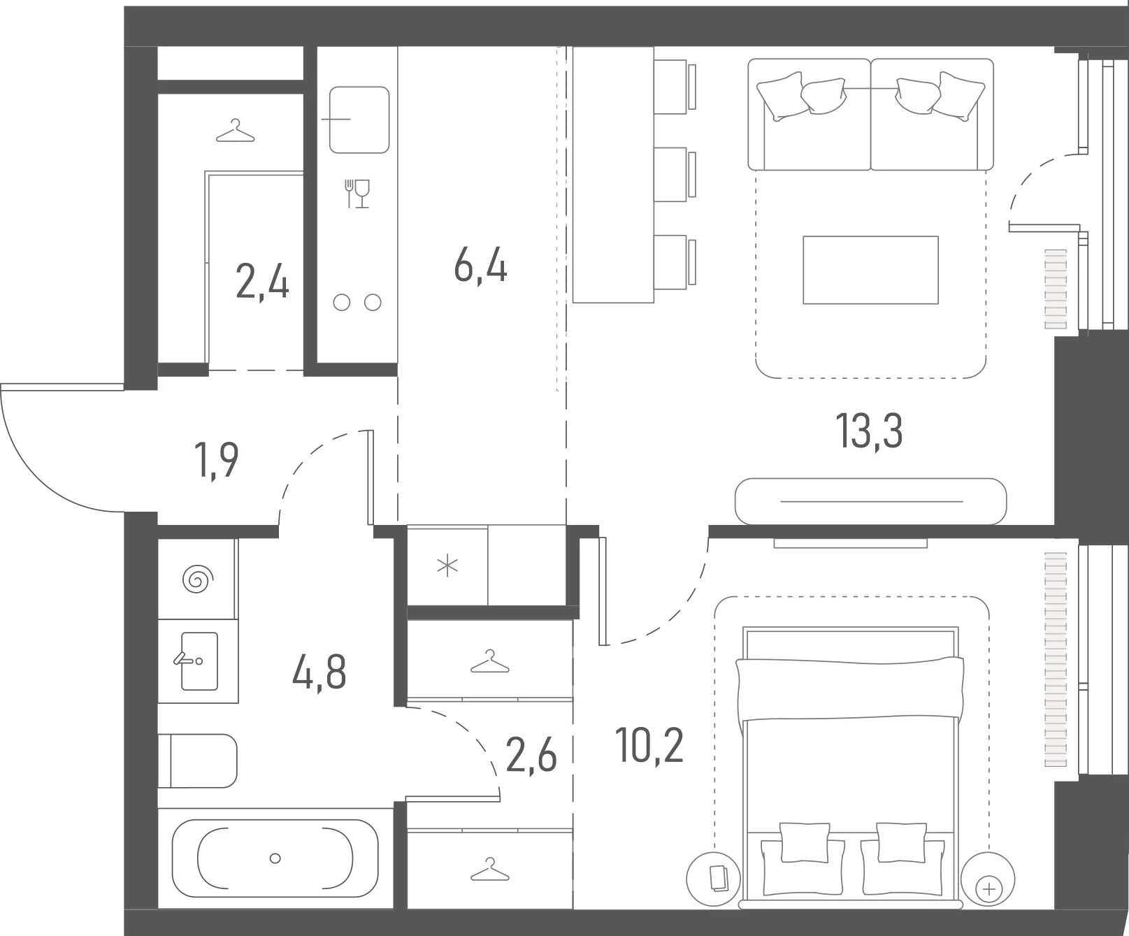 Планировка: 1-комнатная, 41,6 м²