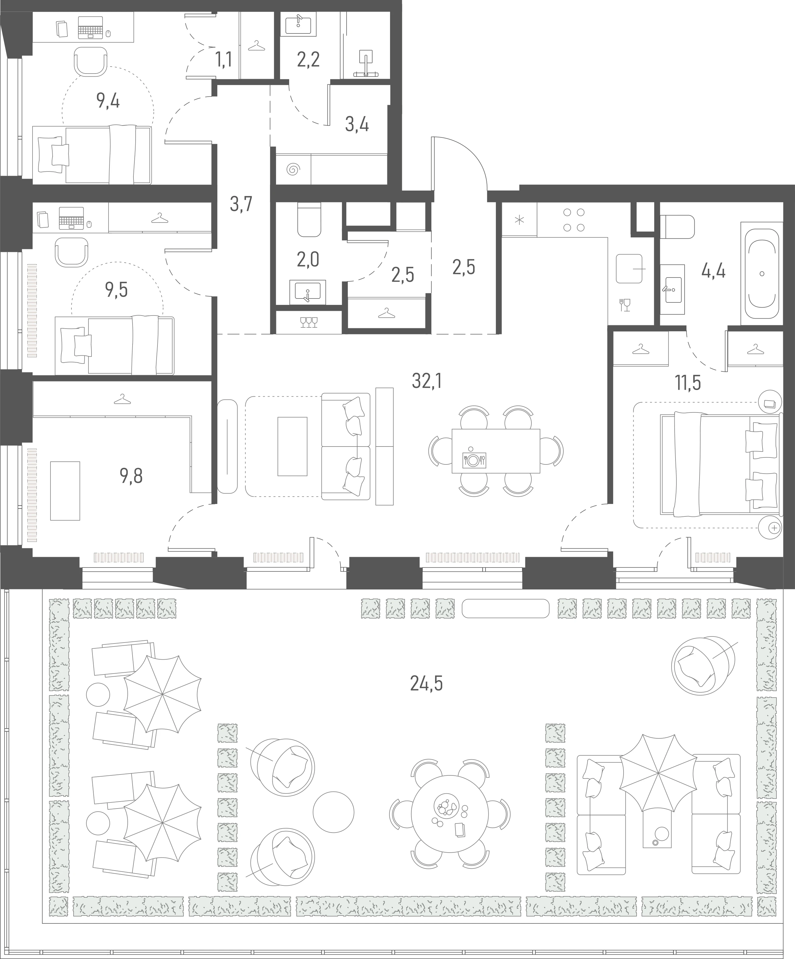 Планировка: 3-комнатная, 118,6 м²