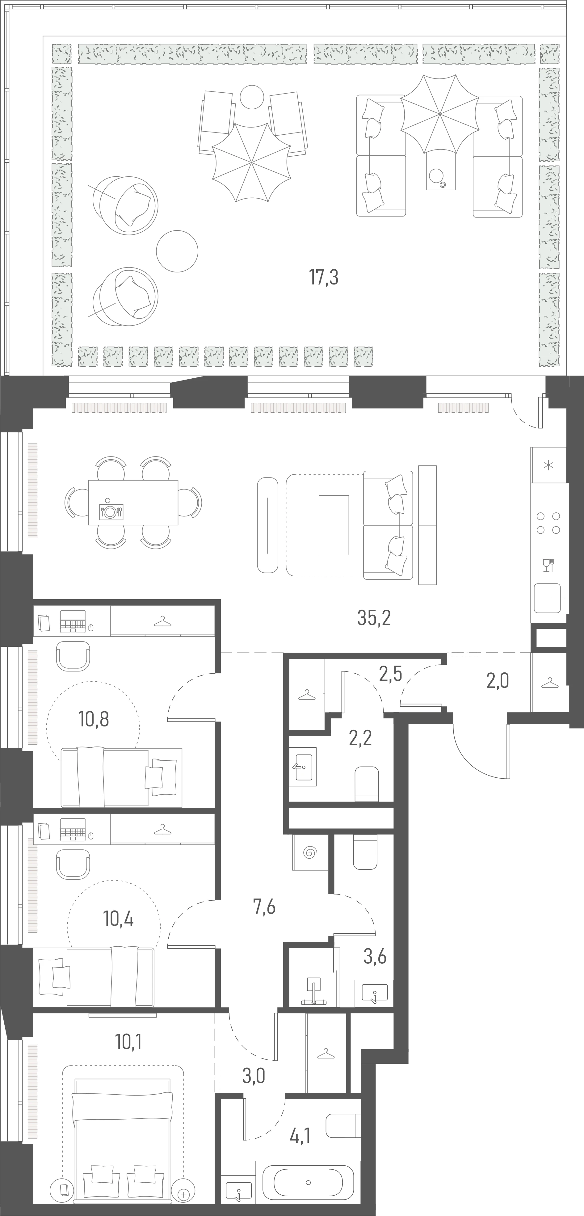 Планировка: 3-комнатная, 108,8 м²