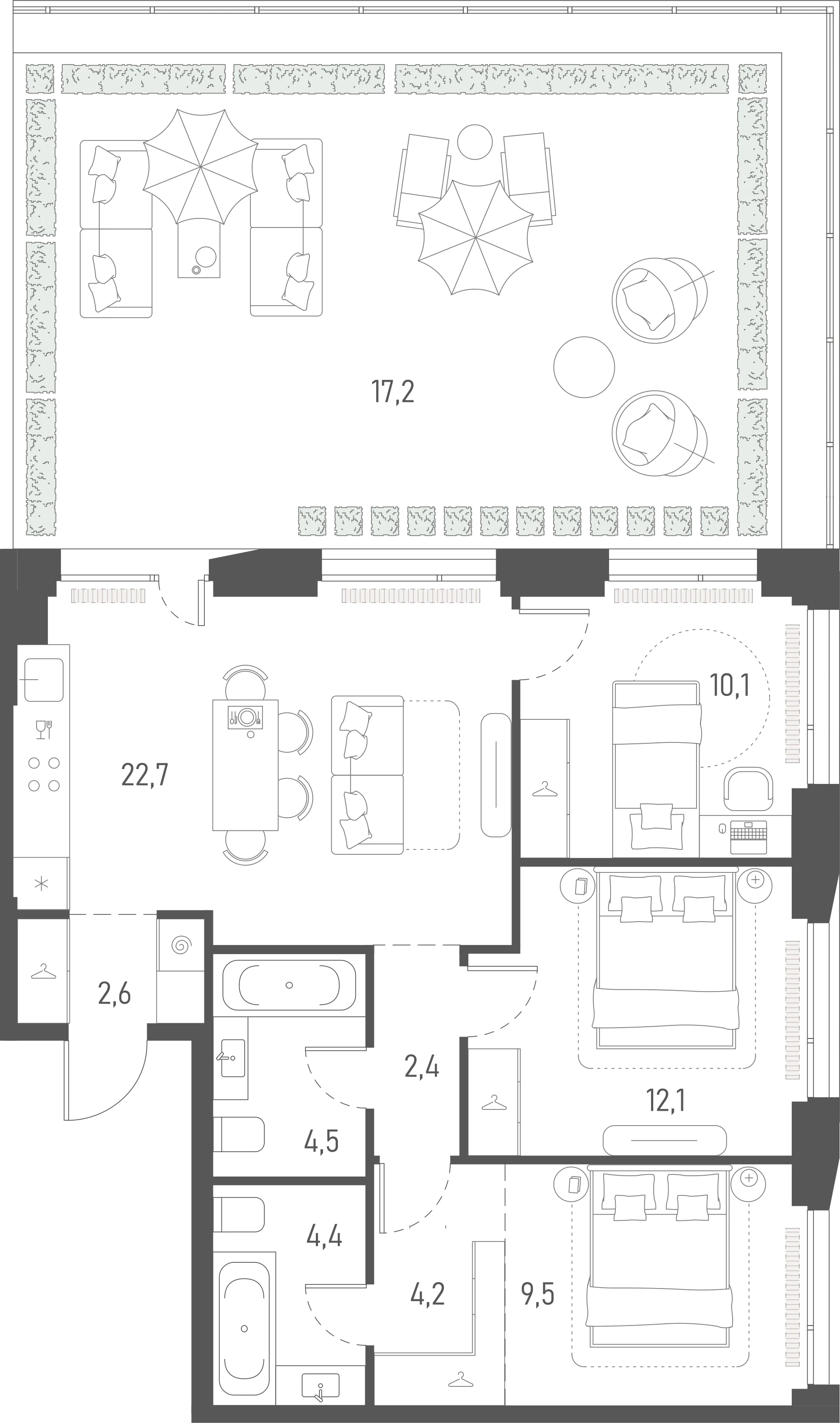 Планировка: 3-комнатная, 89,7 м²