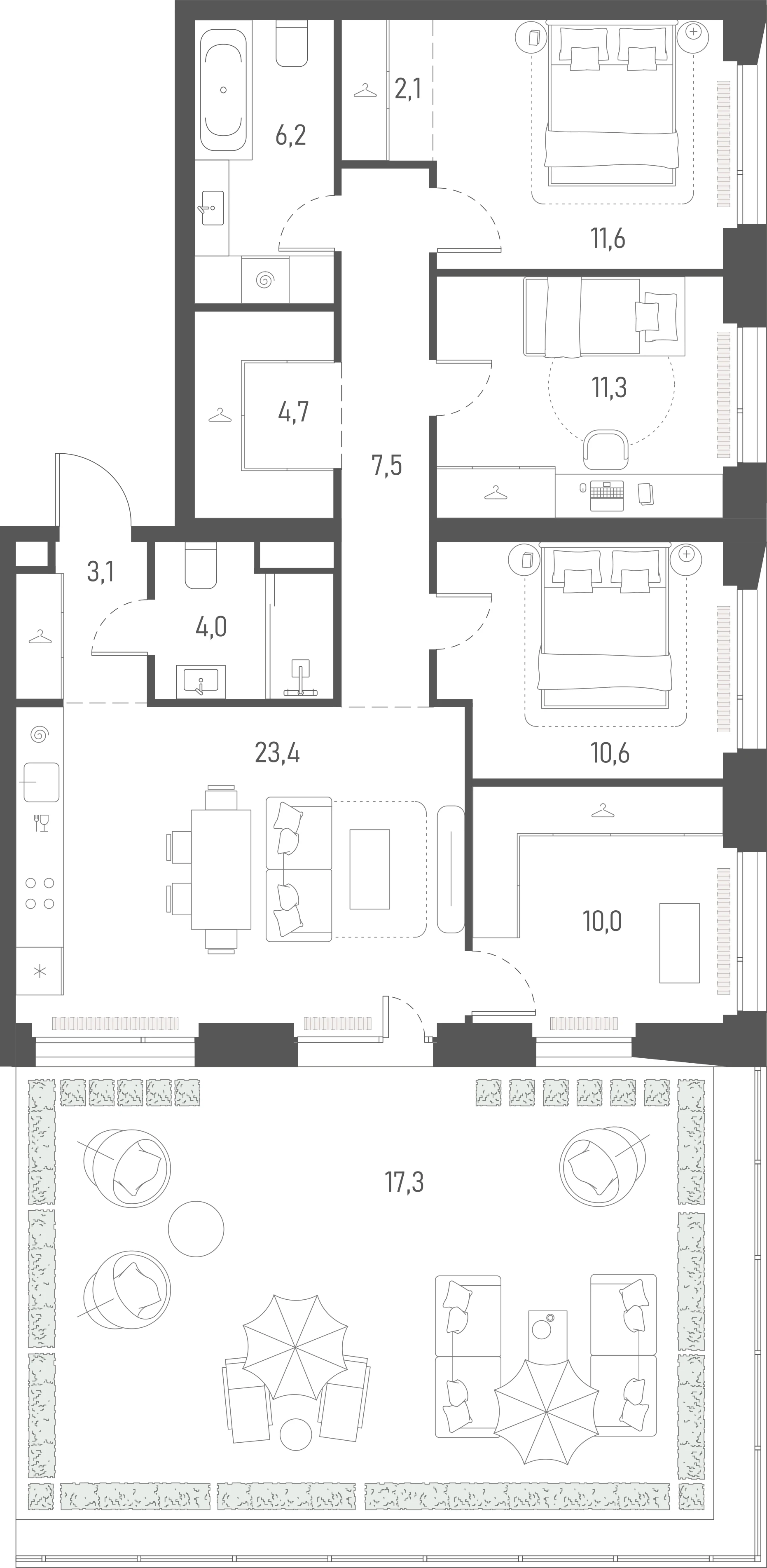 Планировка: 3-комнатная, 111,8 м²