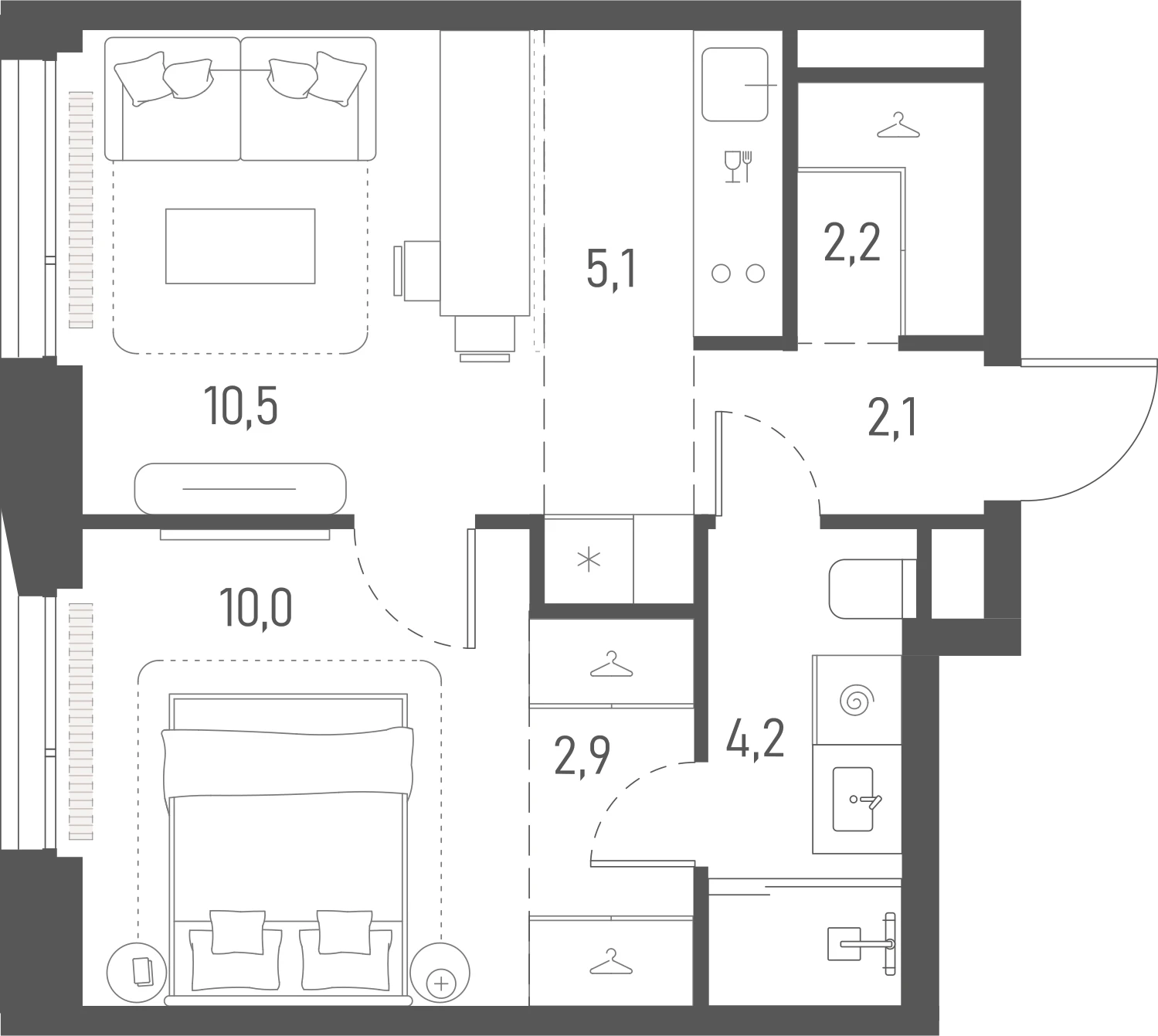 Планировка: 1-комнатная, 37 м²