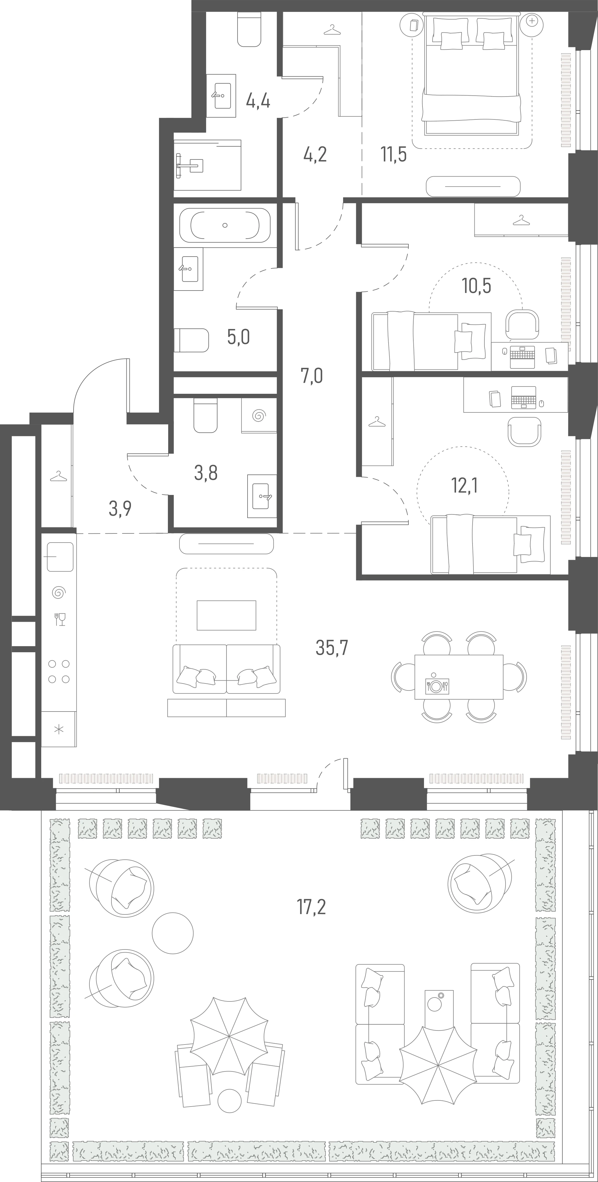 Планировка: 3-комнатная, 115,3 м²