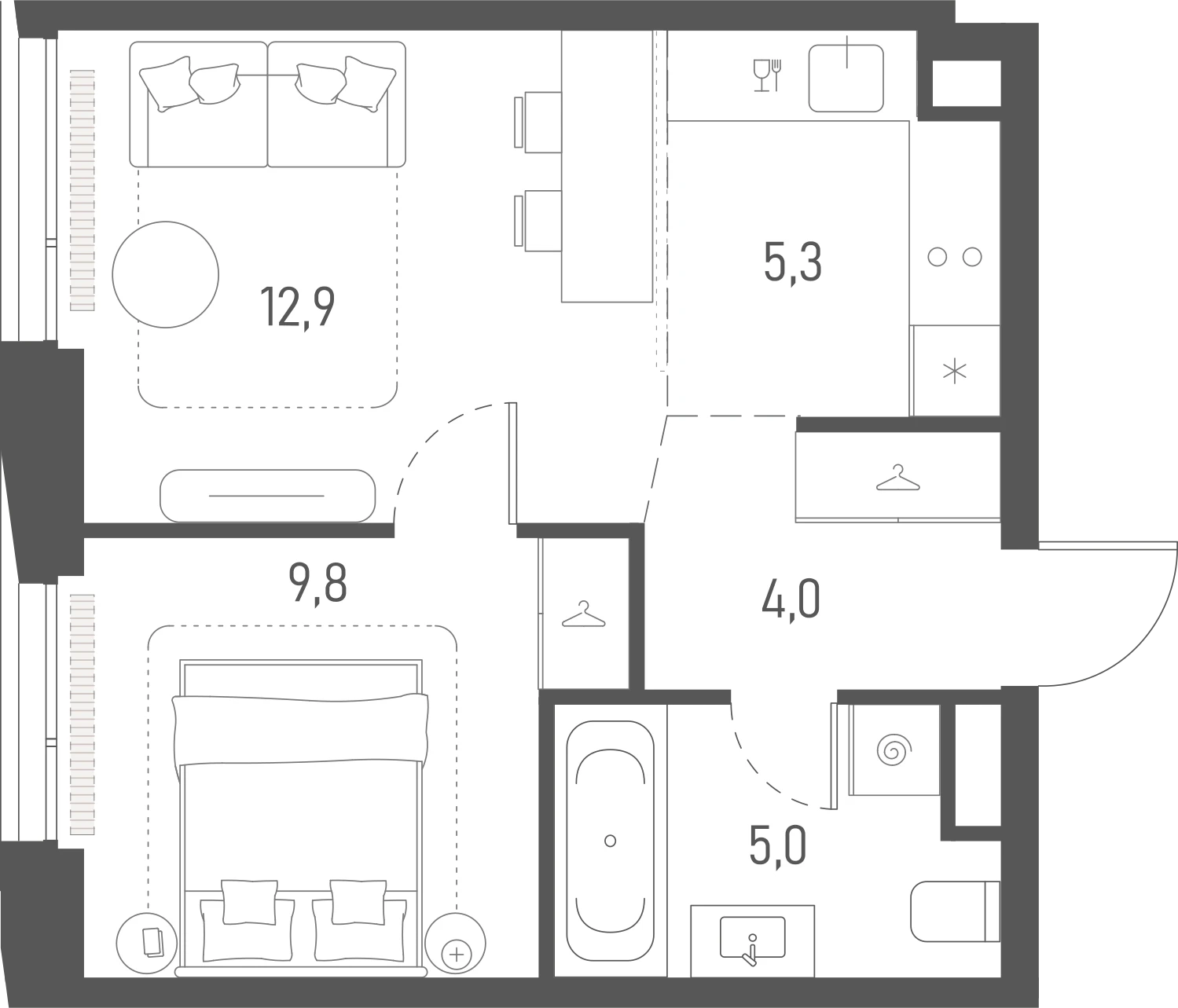 Планировка: 1-комнатная, 37 м²