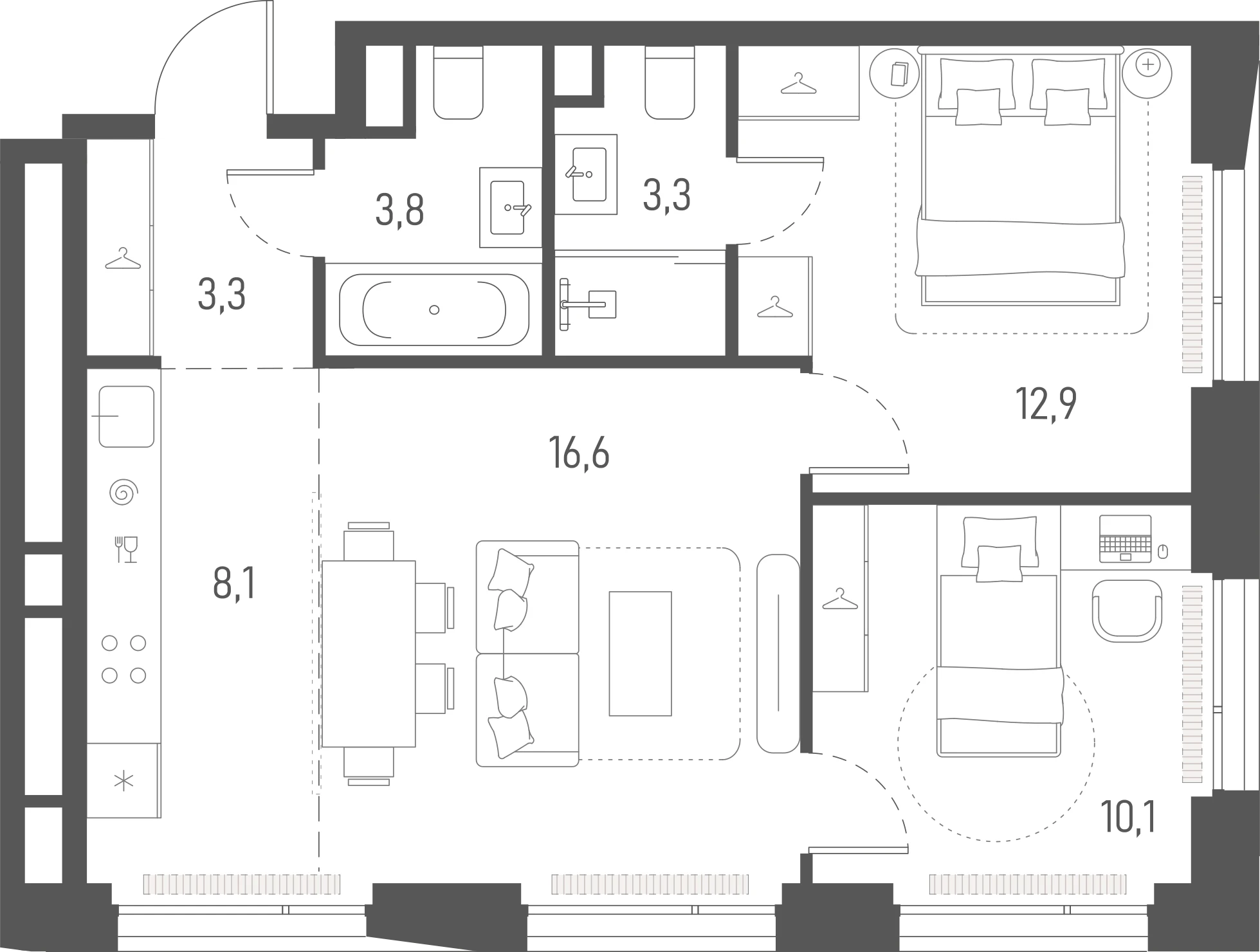 Планировка: 2-комнатная, 58,1 м²