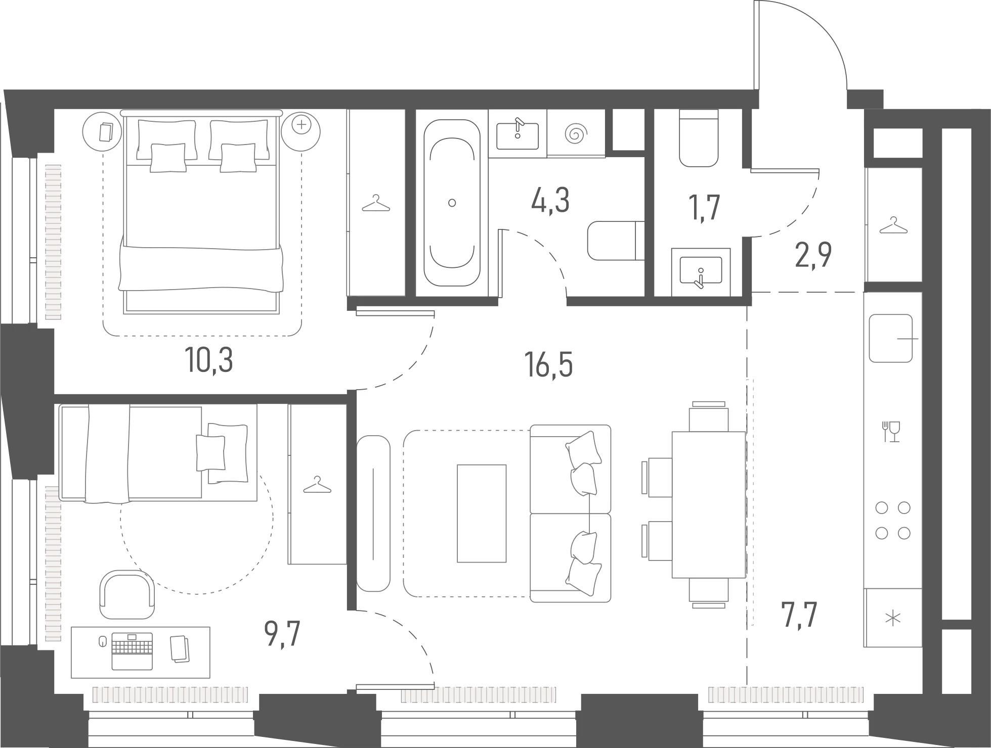 Планировка: 2-комнатная, 53,1 м²