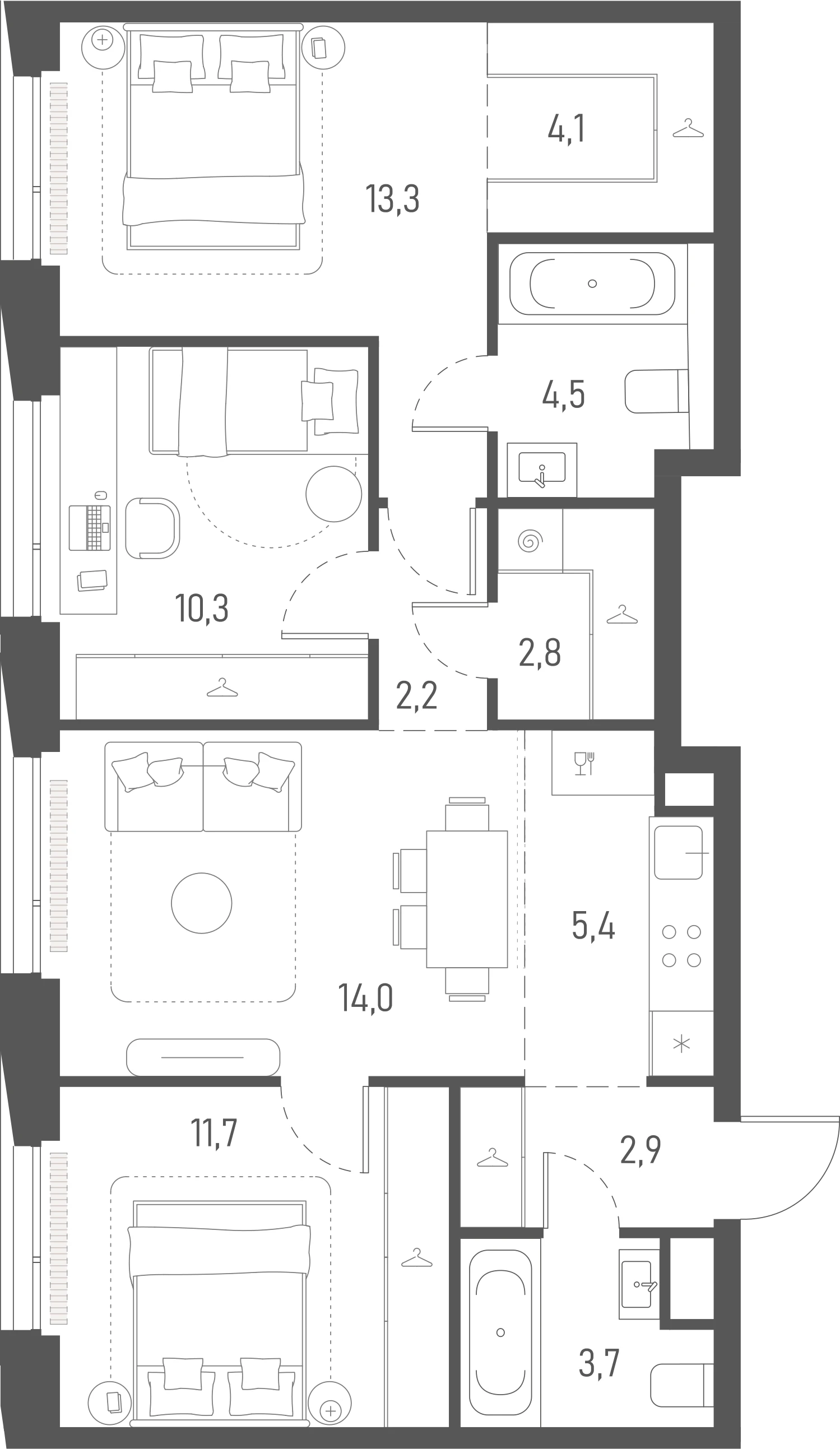 Планировка: 3-комнатная, 74,9 м²