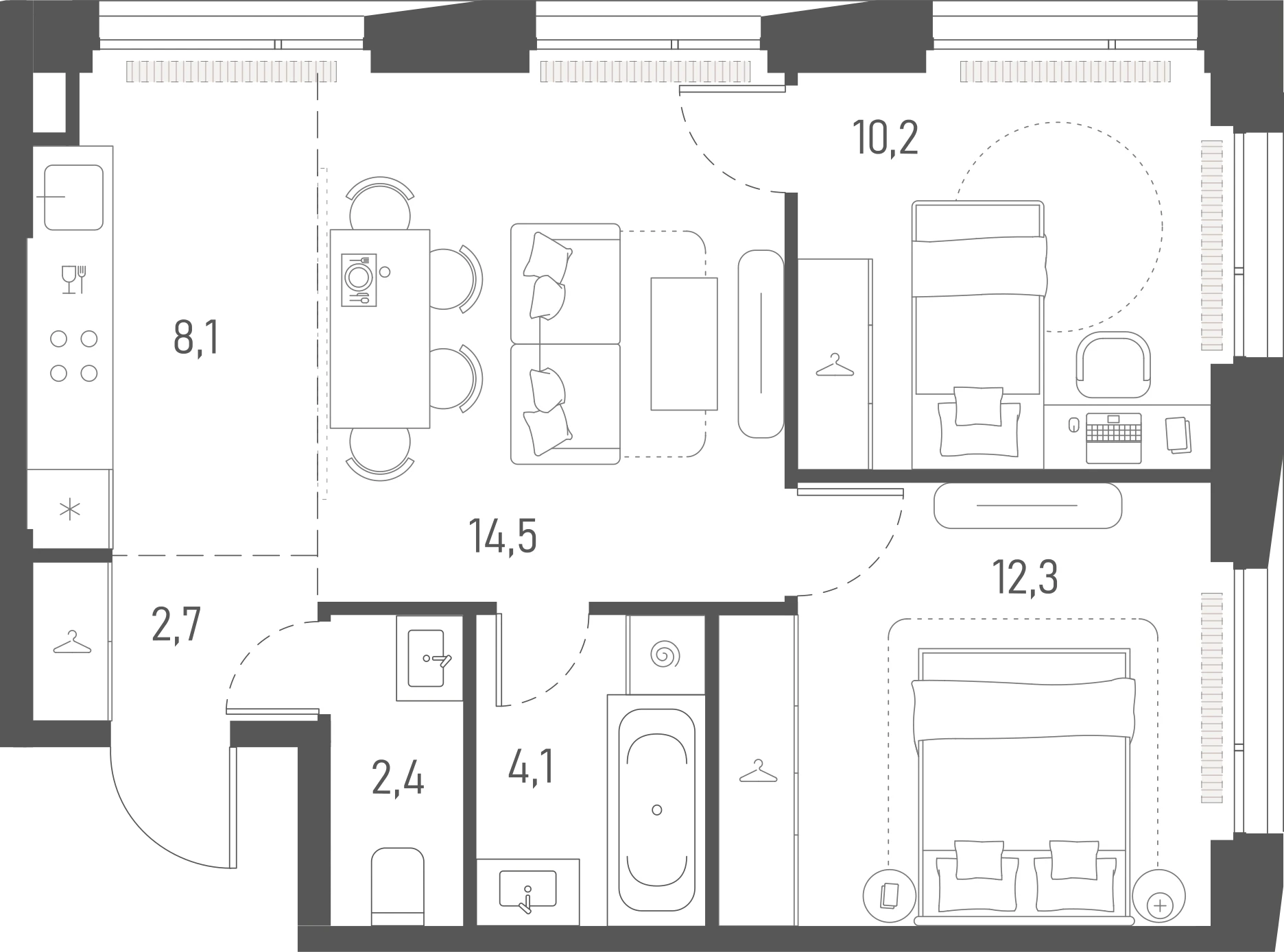 Планировка: 2-комнатная, 54,3 м²